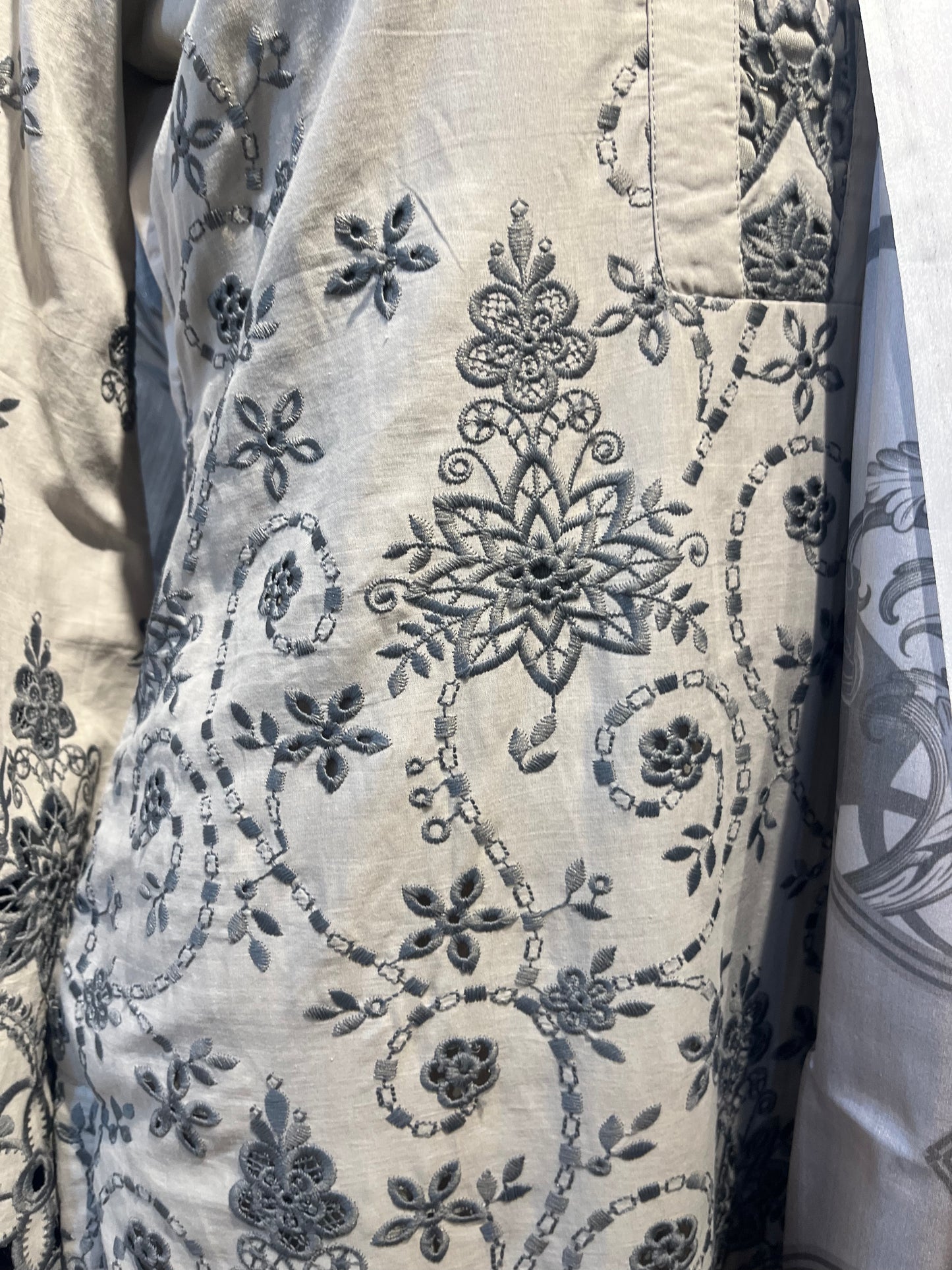 Pastel Gray Cotton Suit with Black Embroidery and Dupatta