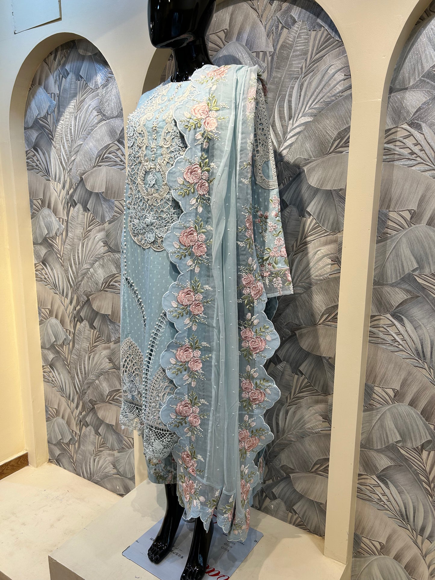Sky Blue Cotton Embroidered Suit with Dupatta