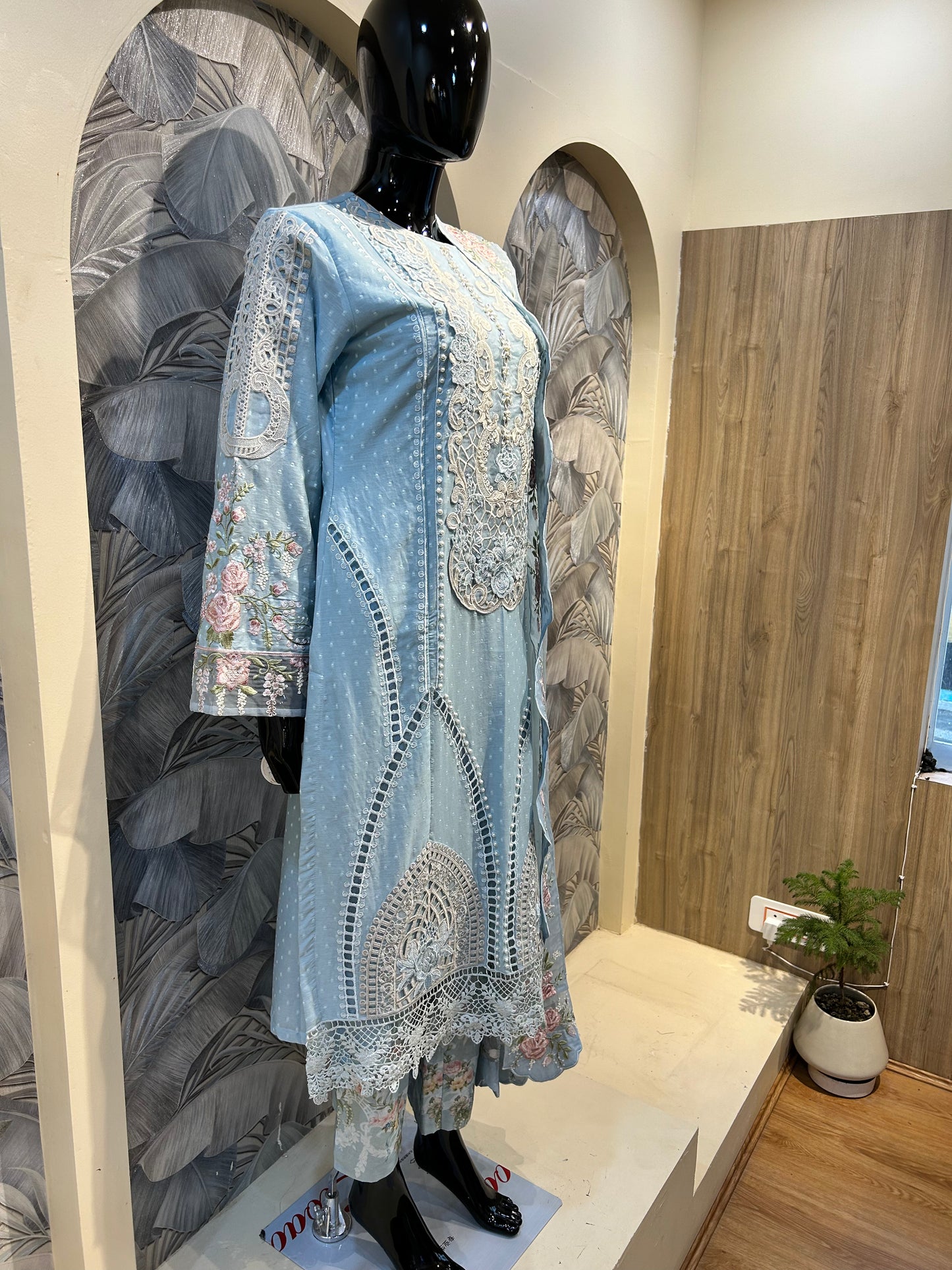 Sky Blue Cotton Embroidered Suit with Dupatta