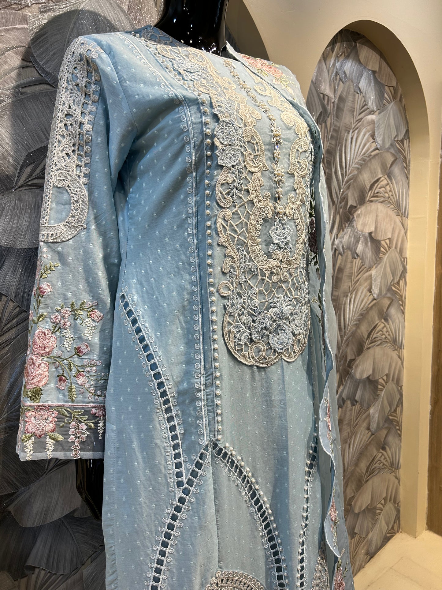 Sky blue cotton embroidered suit with dupatta, delicate floral thread embroidery and ball embellishments