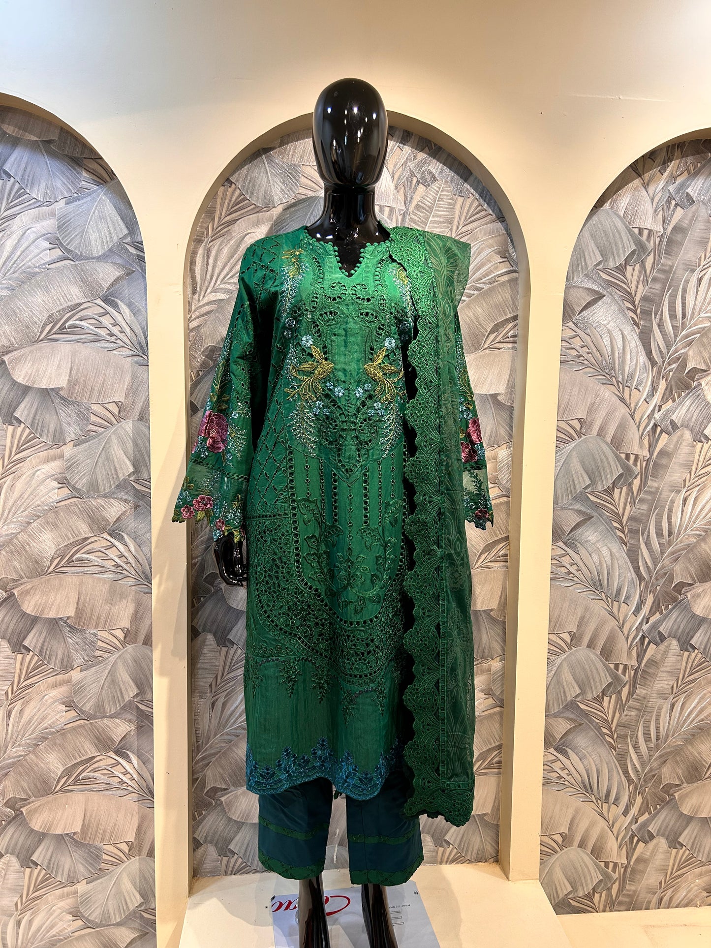 Green Cotton Cutwork Embroidered Suit with Dupatta