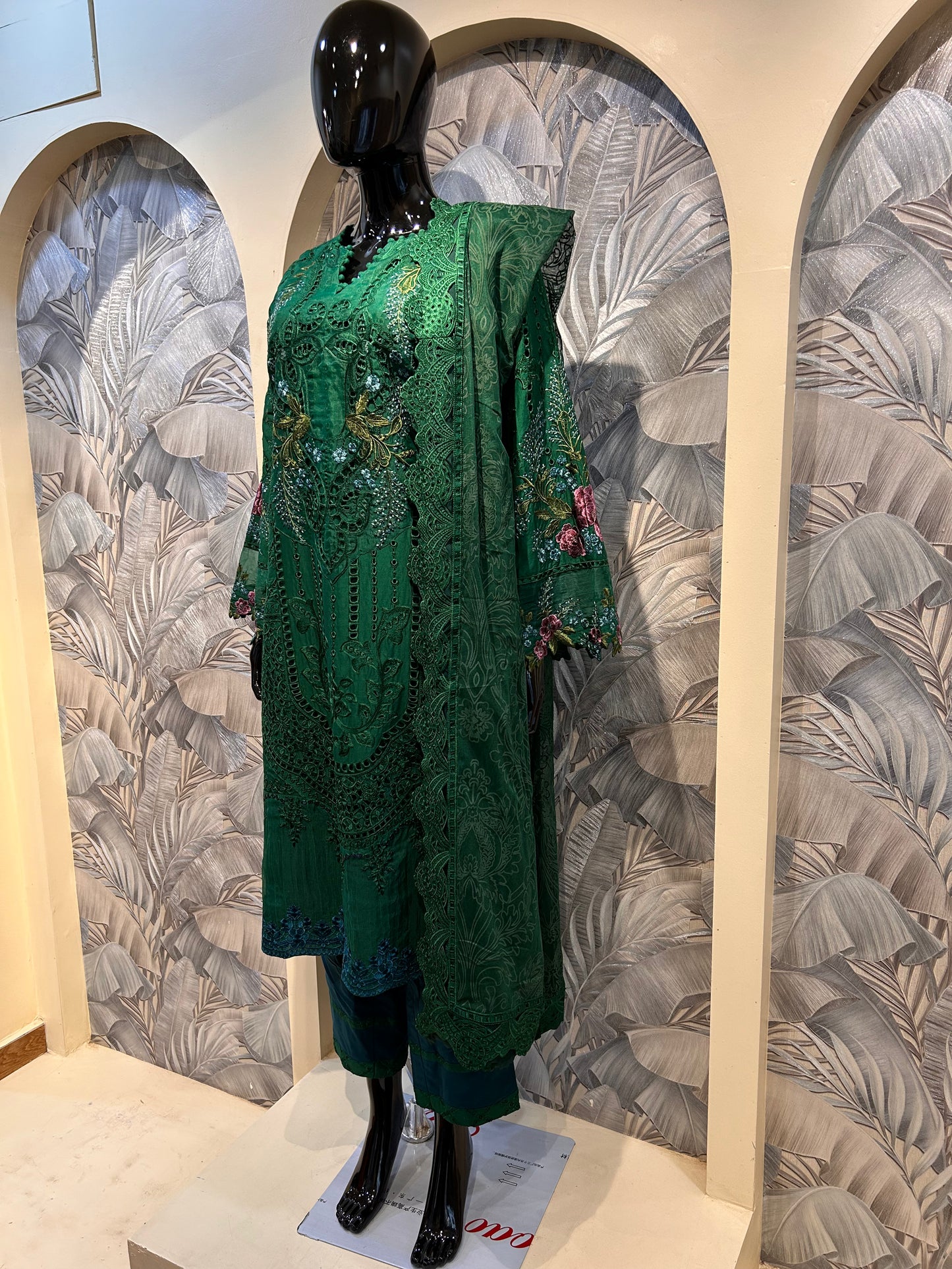 Green Cotton Cutwork Embroidered Suit with Dupatta