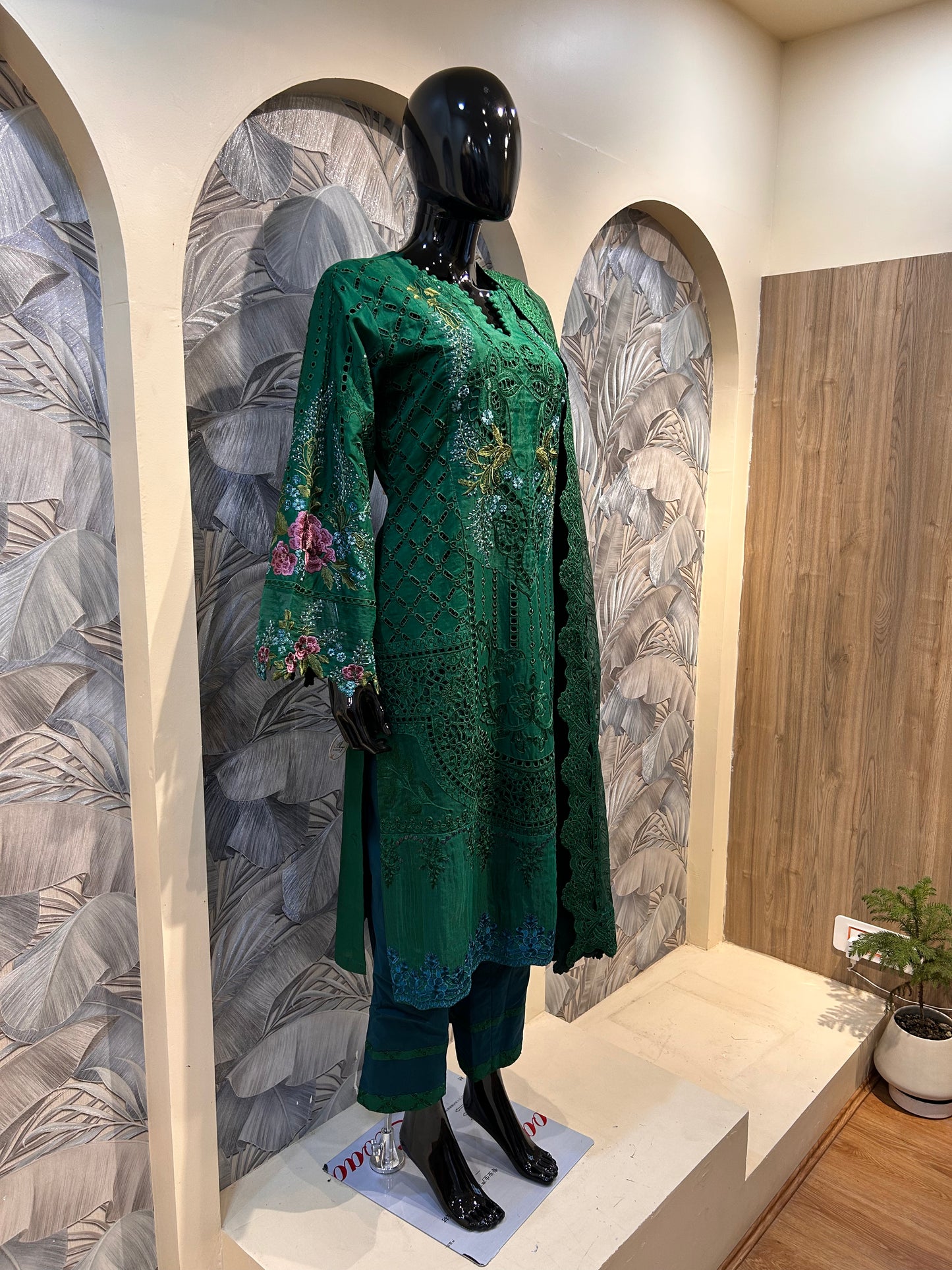 Green Cotton Cutwork Embroidered Suit with Dupatta