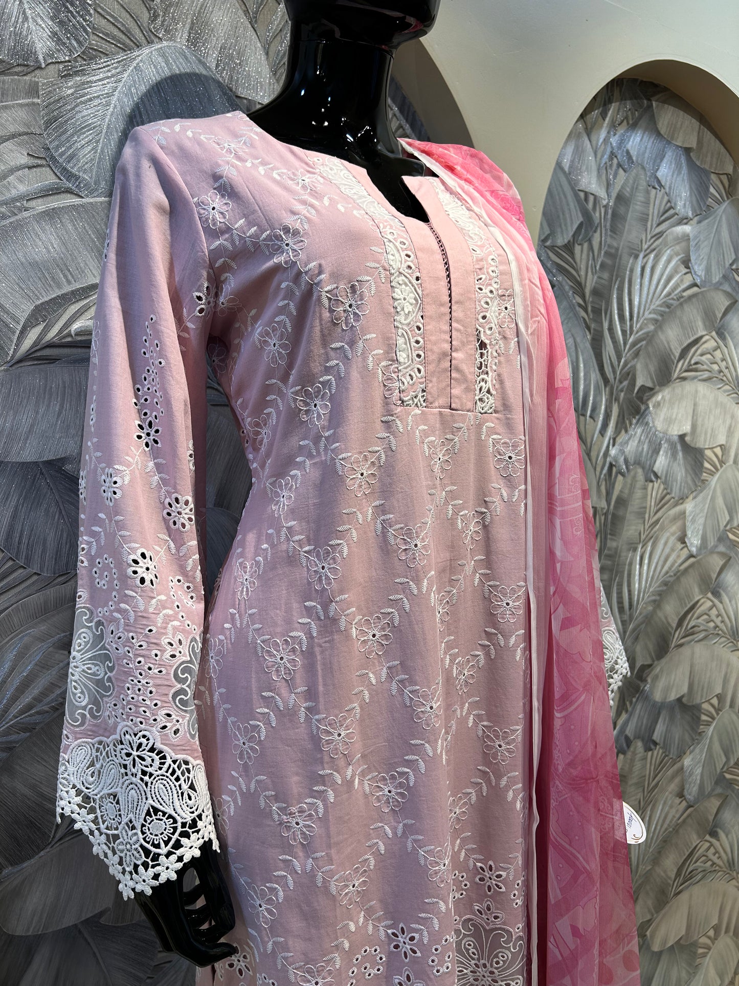 Muted tuscany pink cotton suit with white thread embroidery and eyelet cutwork accents, paired with dupatta