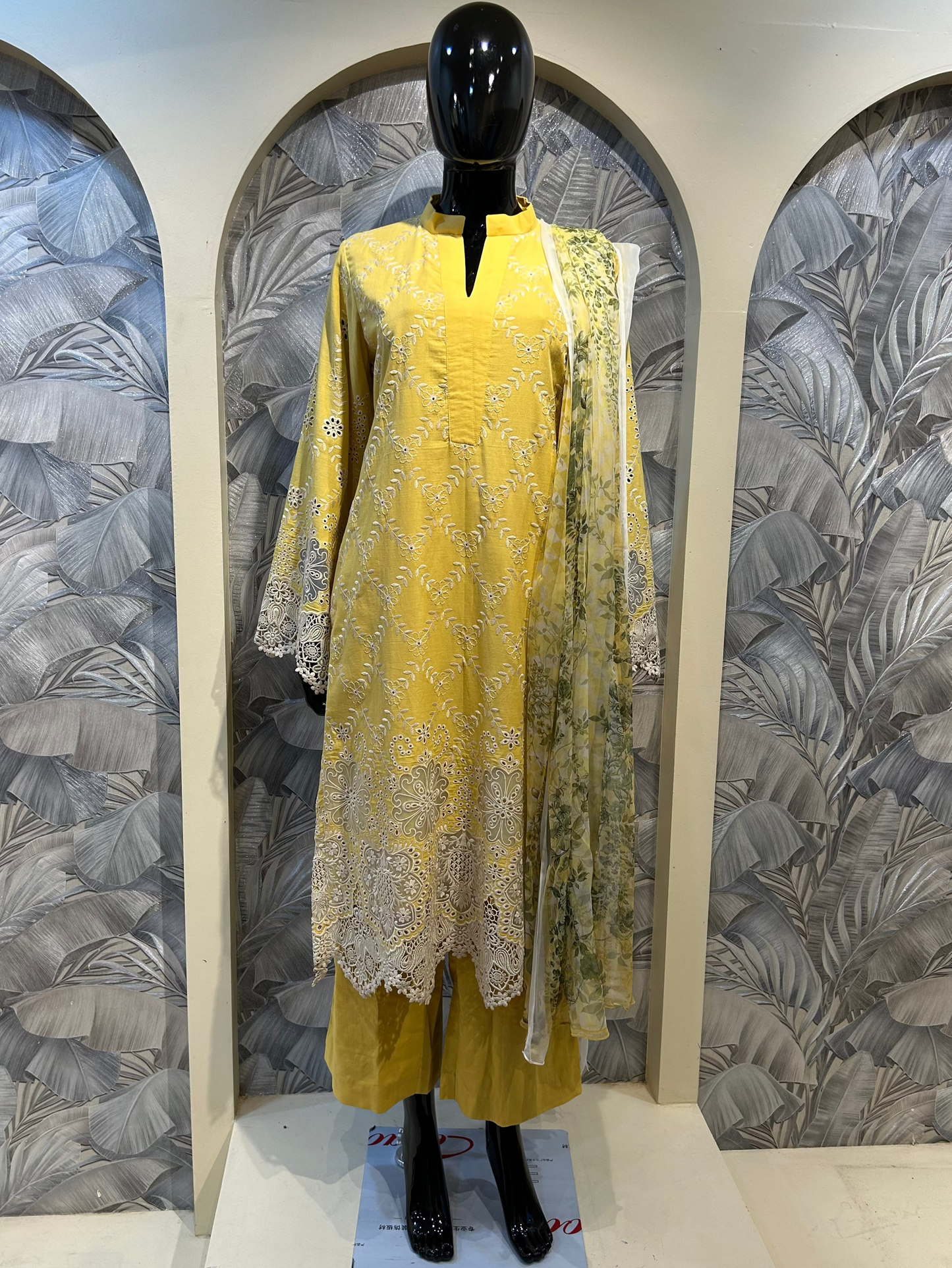 Crayola Orange-Yellow Cotton Embroidered Suit with Dupatta