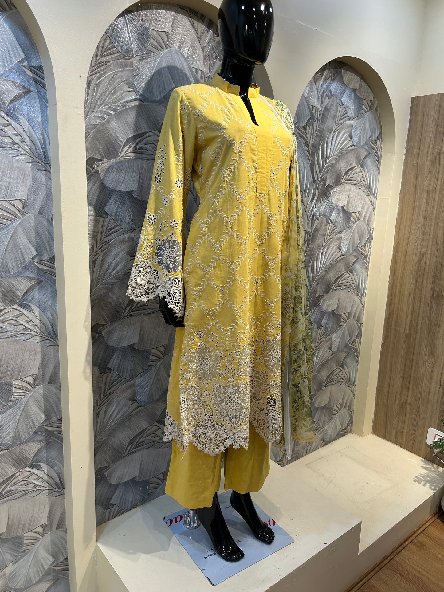 Crayola Orange-Yellow Cotton Embroidered Suit with Dupatta