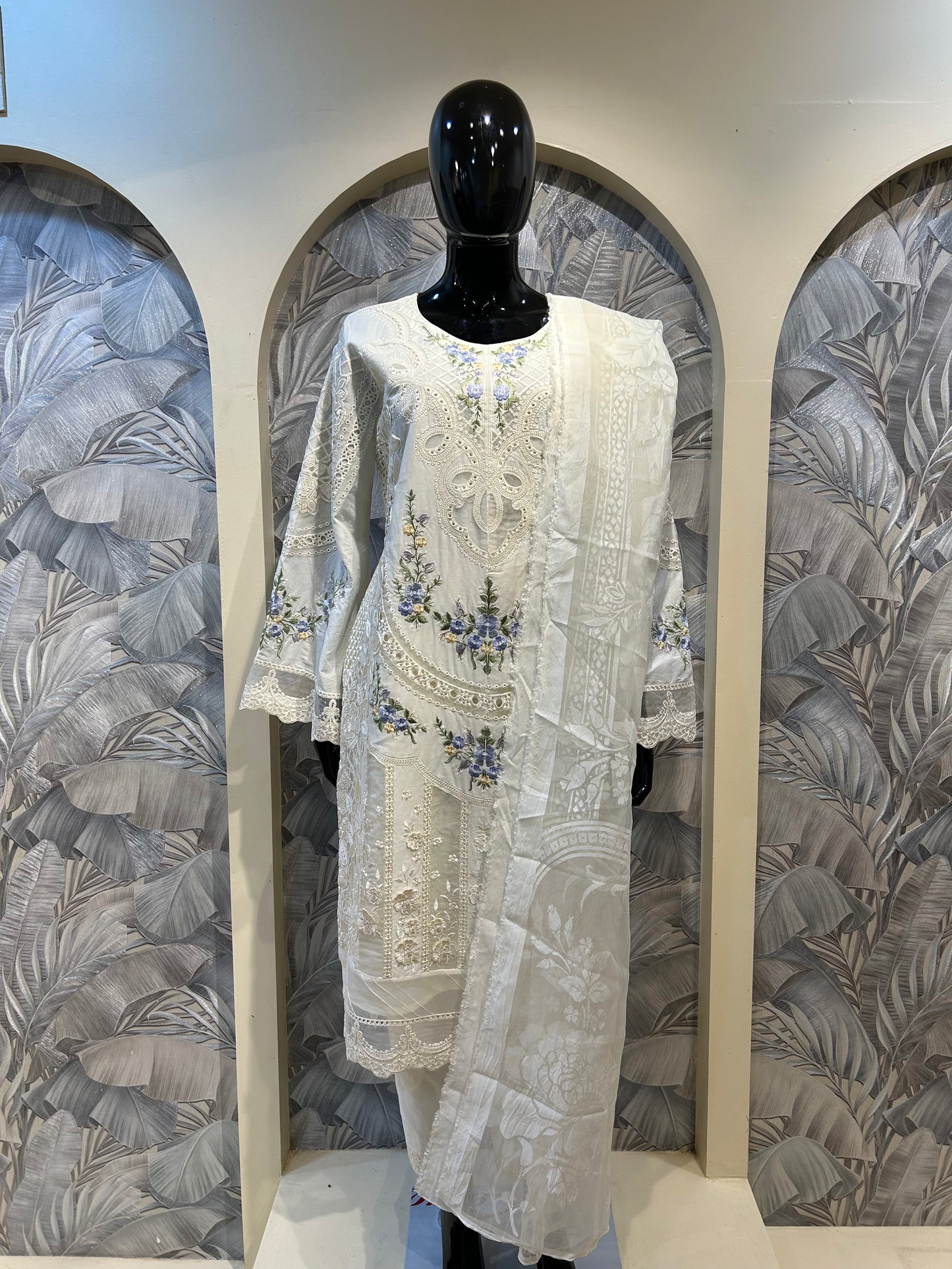 Antique White Cotton Embroidered Suit with Dupatta