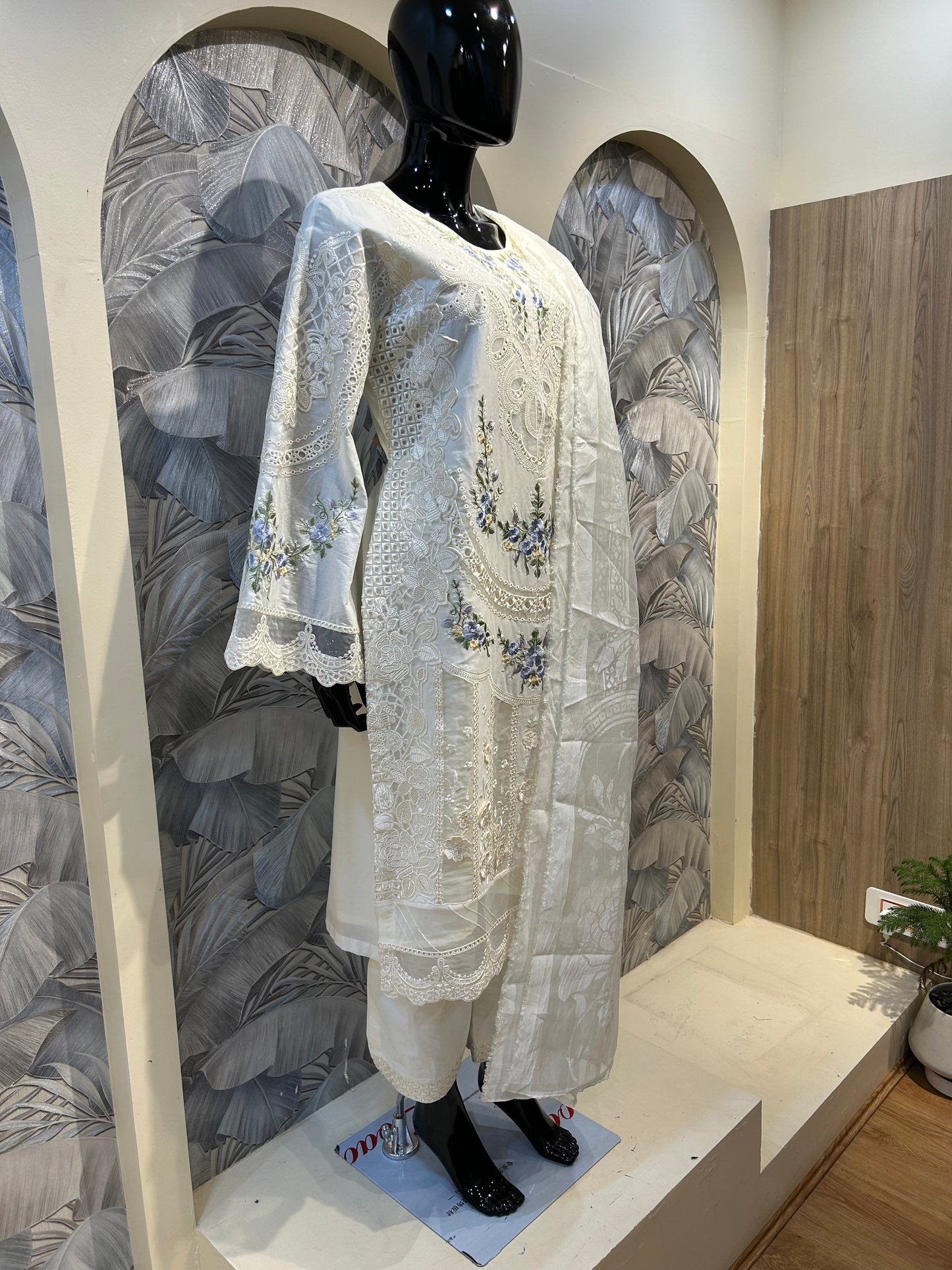 Antique White Cotton Embroidered Suit with Dupatta