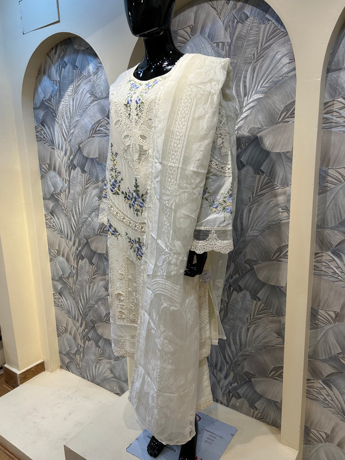 Antique White Cotton Embroidered Suit with Dupatta