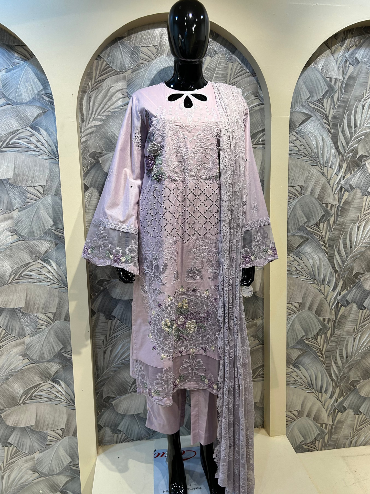 Pale Silver Cotton Embroidered Suit with Dupatta