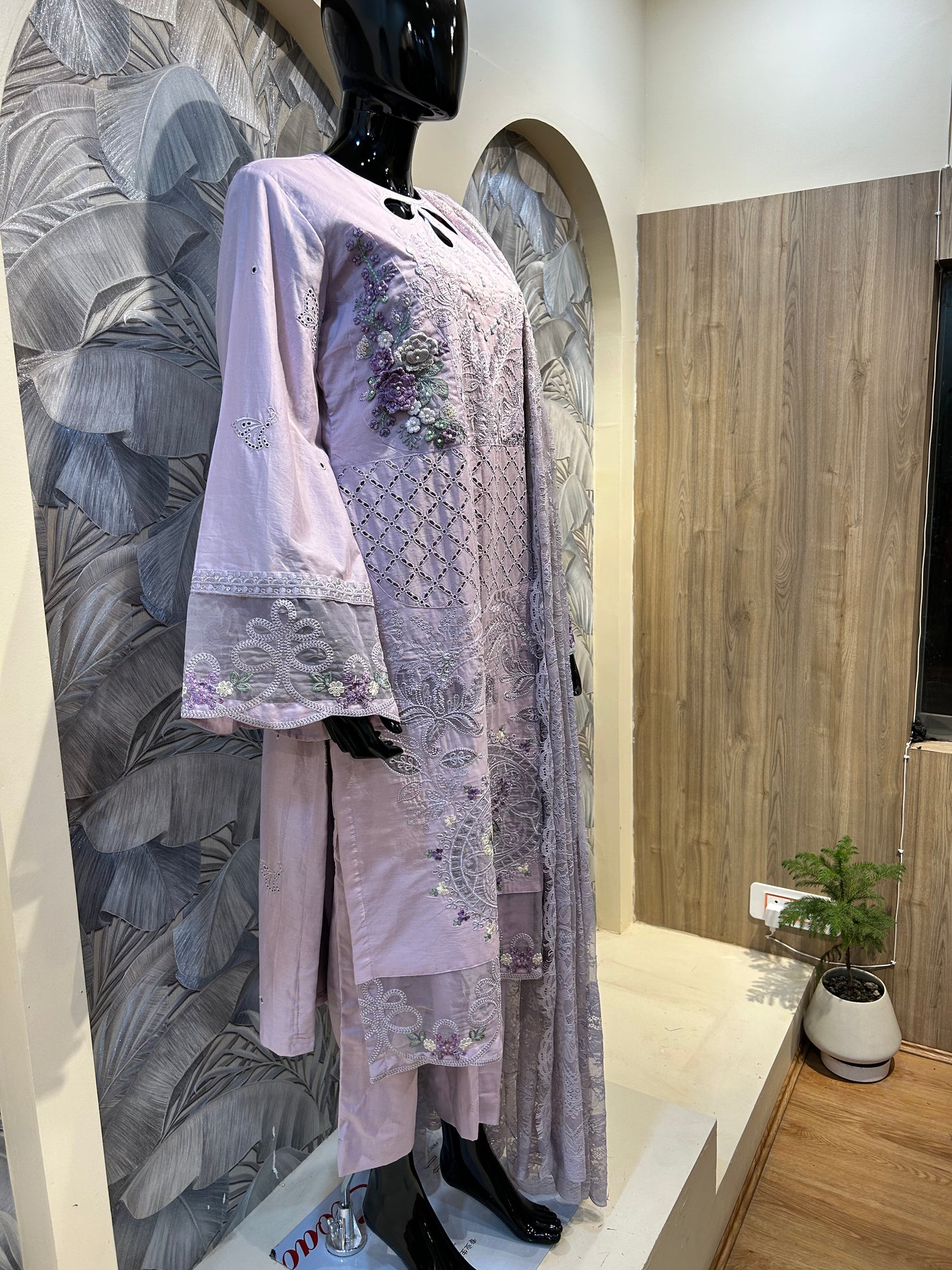 Pale Silver Cotton Embroidered Suit with Dupatta