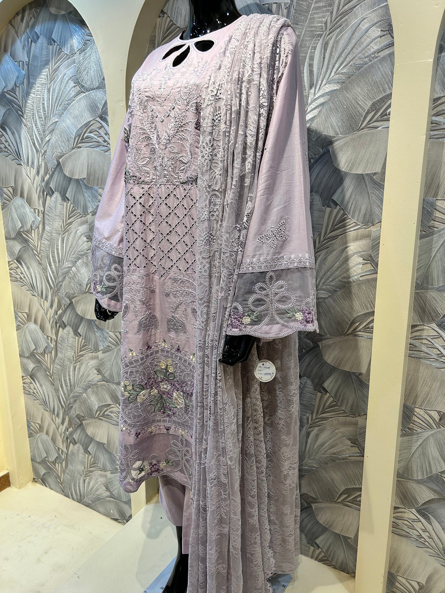 Pale Silver Cotton Embroidered Suit with Dupatta