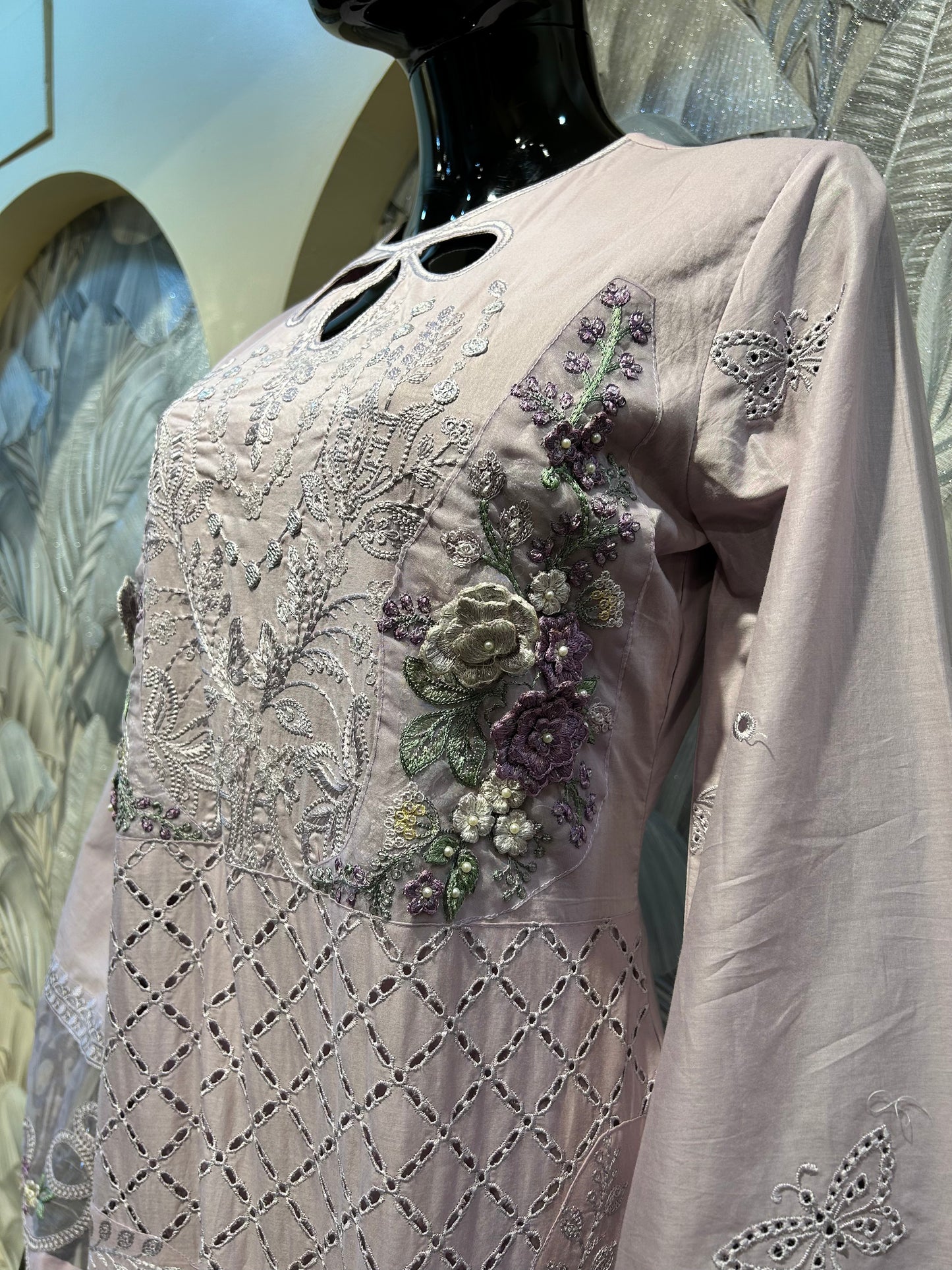 Pale Silver Cotton Embroidered Suit with Dupatta