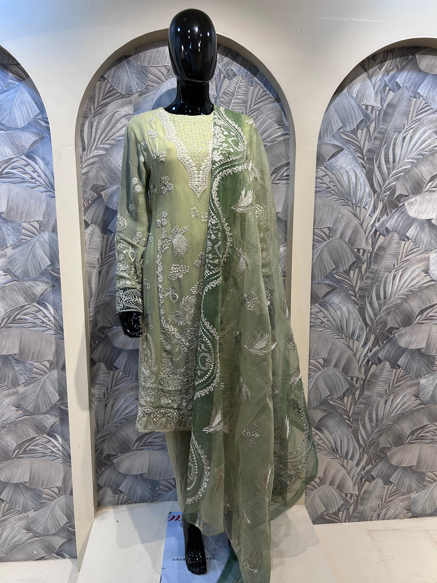 Artichoke Green Chiffon Embroidered Suit with Dupatta