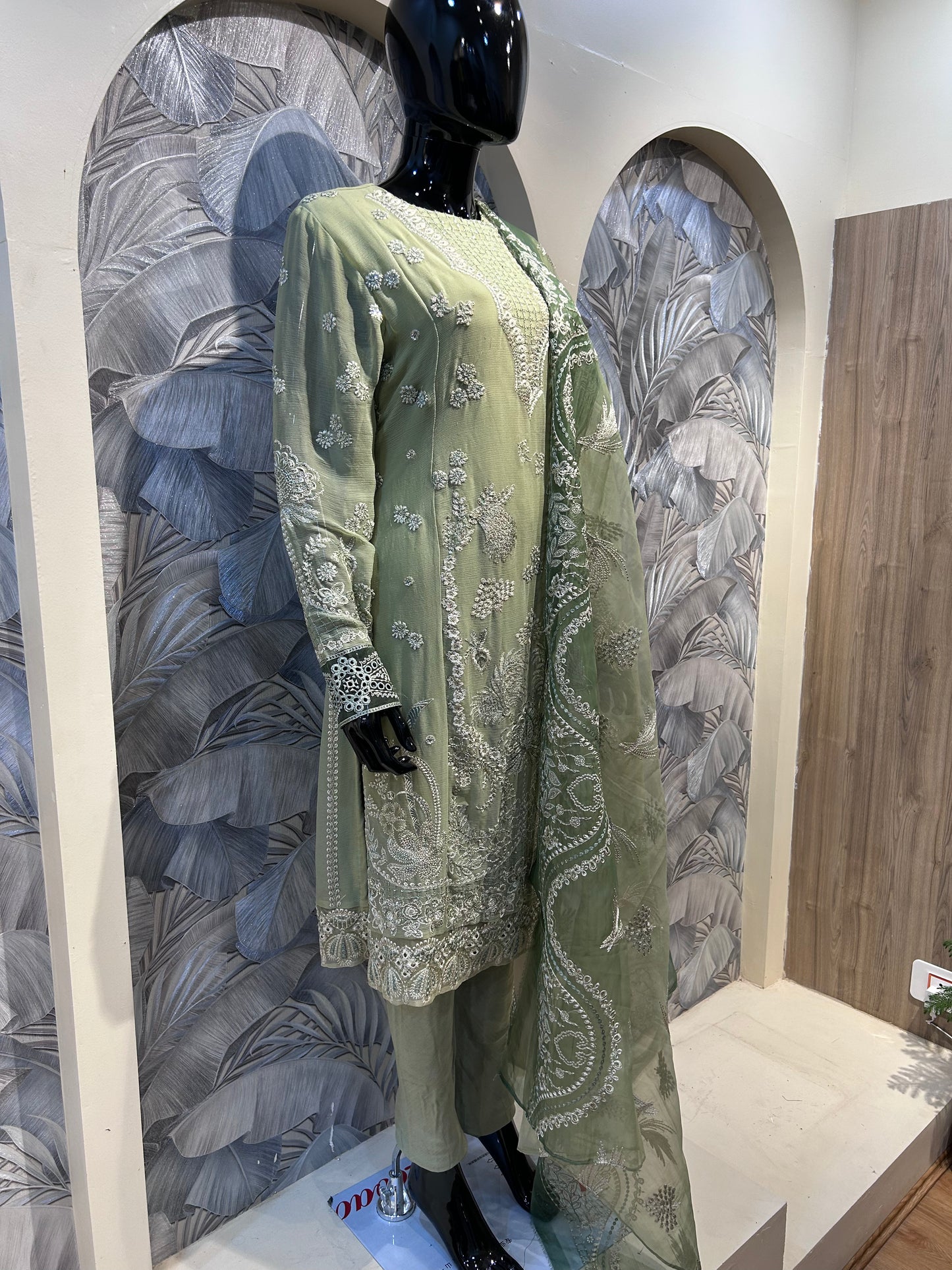 Artichoke Green Chiffon Embroidered Suit with Dupatta