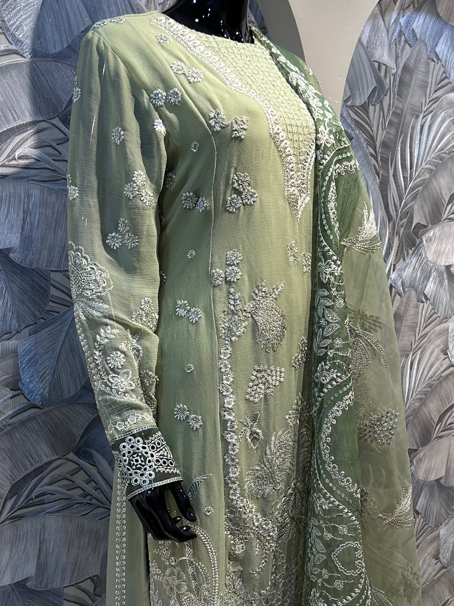 Artichoke Green Chiffon Embroidered Suit with Dupatta