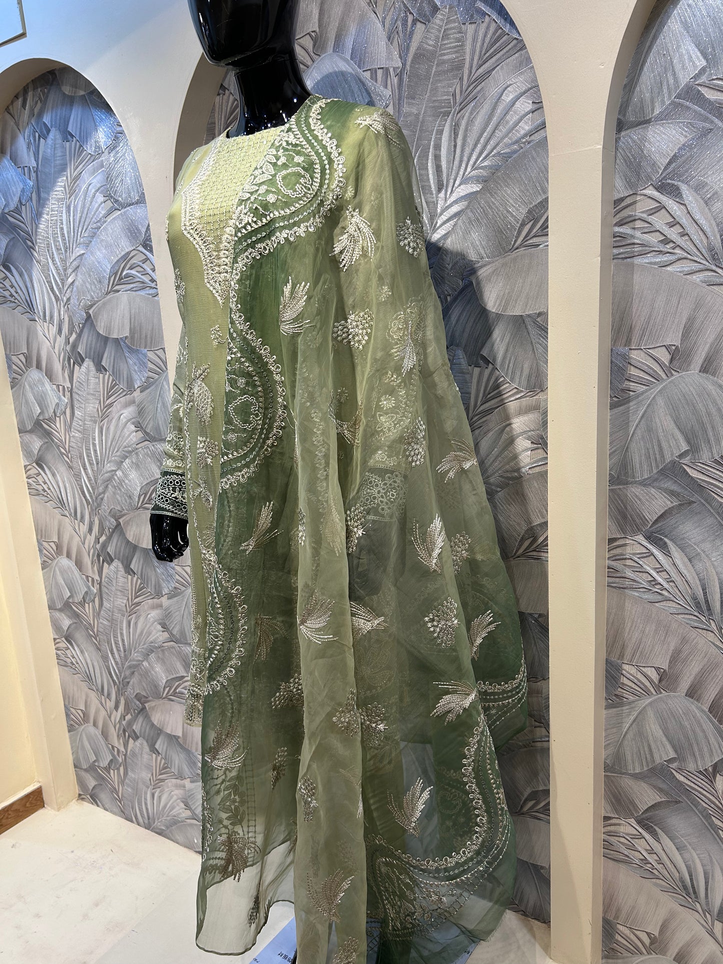 Artichoke Green Chiffon Embroidered Suit with Dupatta