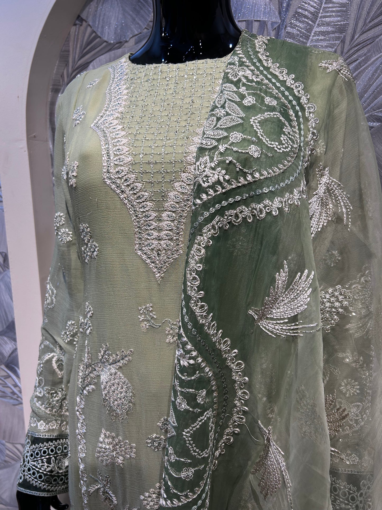 Artichoke Green Chiffon Embroidered Suit with Dupatta