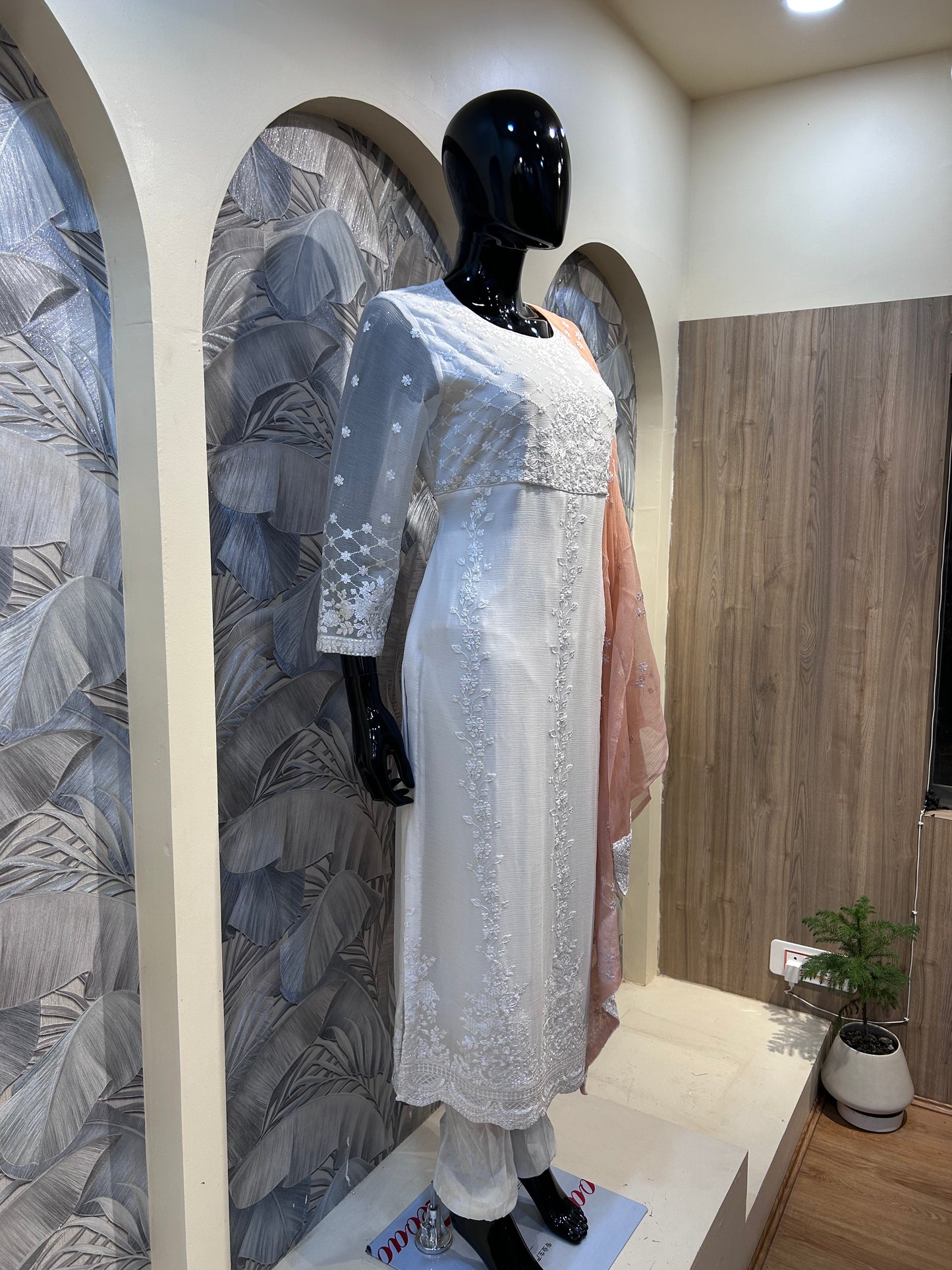 White Chiffon Embroidered Suit with Dupatta