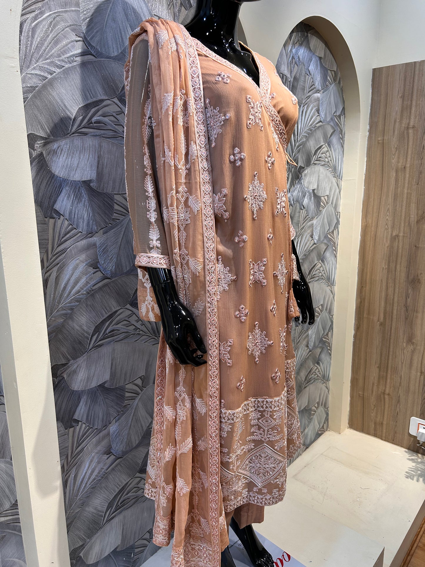 Peach Chiffon Embroidered Wrap-Style Suit with Dupatta