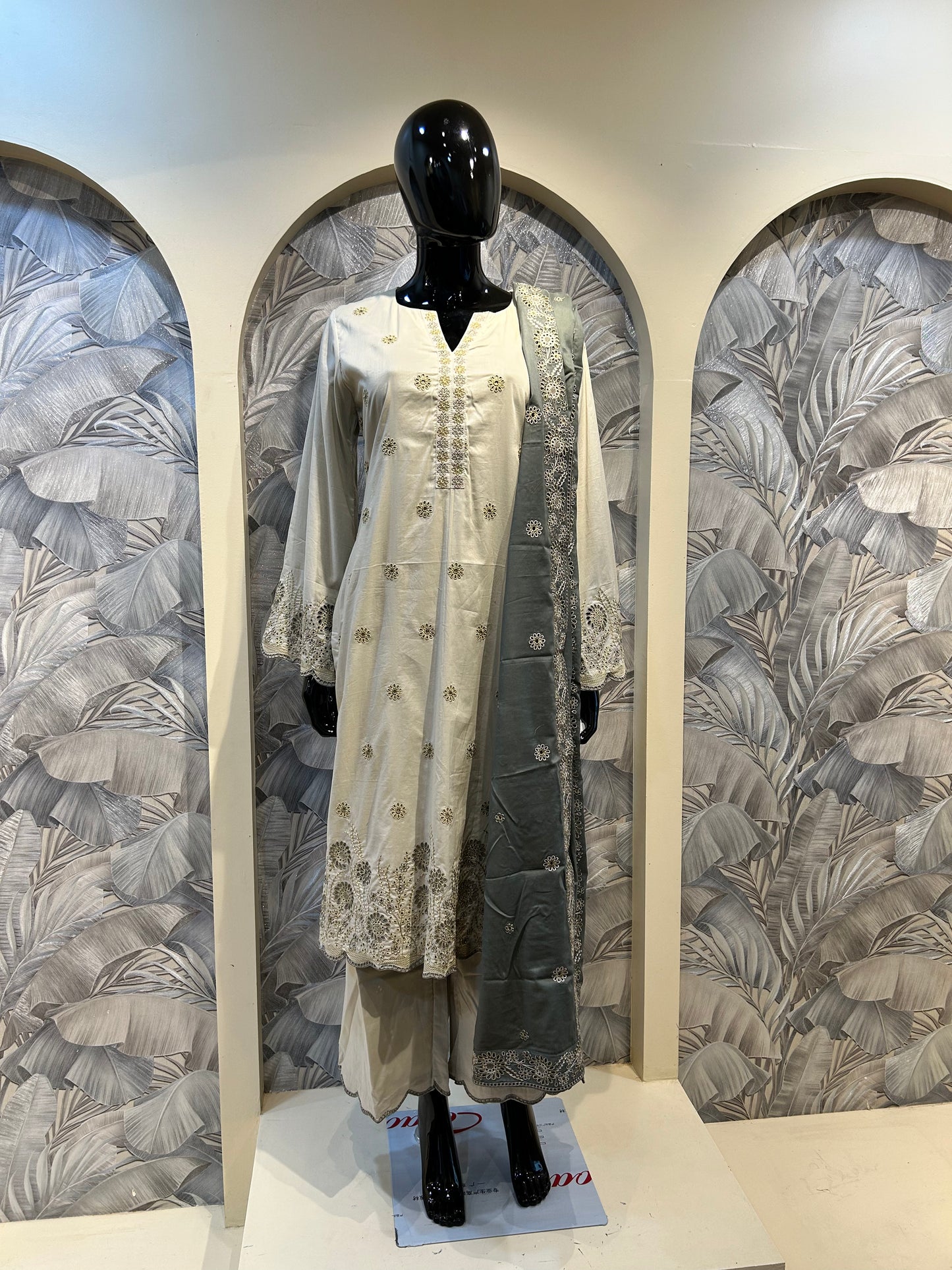 White Coffee Cotton Cutwork Embroidered Suit with Dupatta