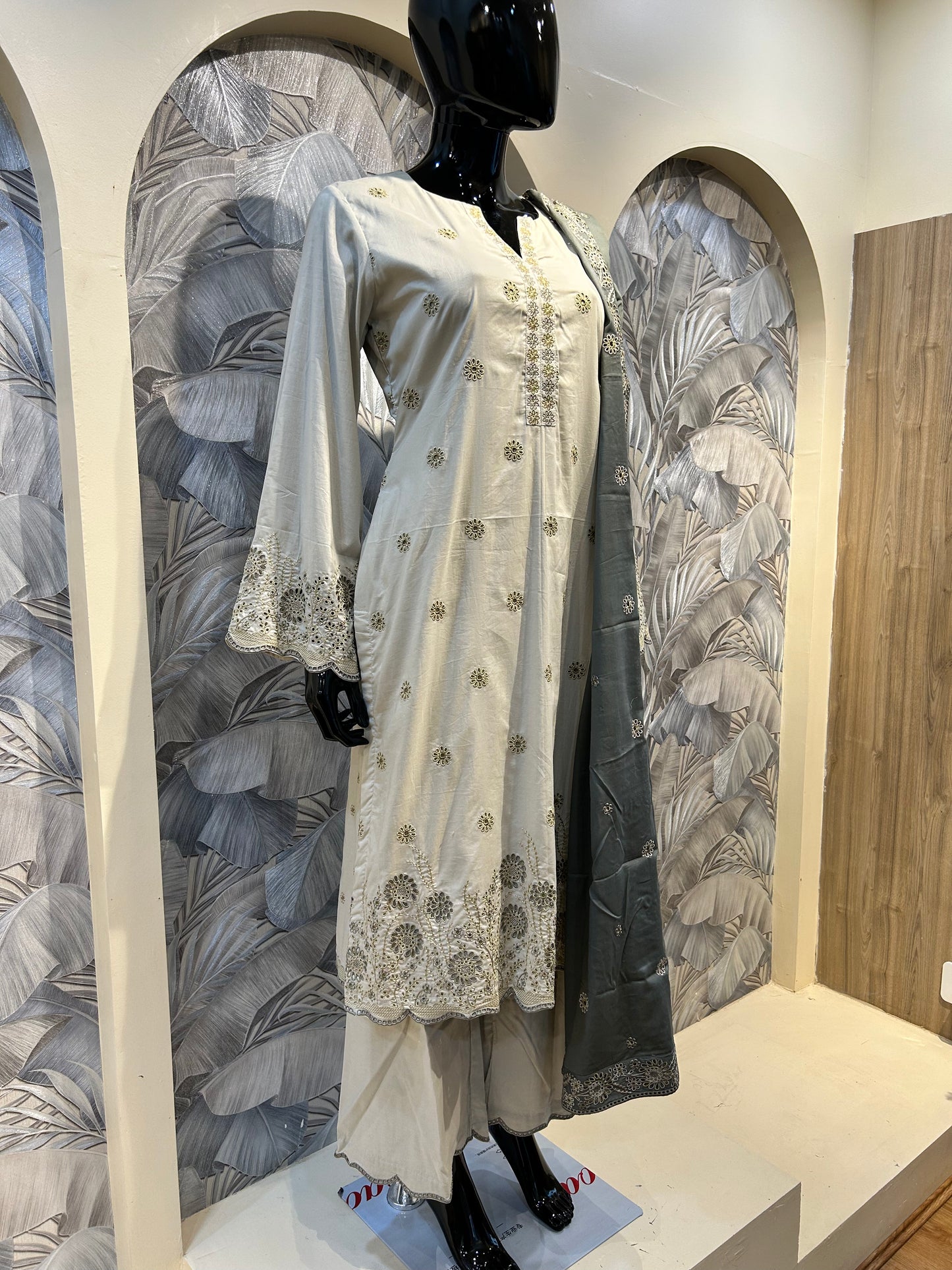 White Coffee Cotton Cutwork Embroidered Suit with Dupatta