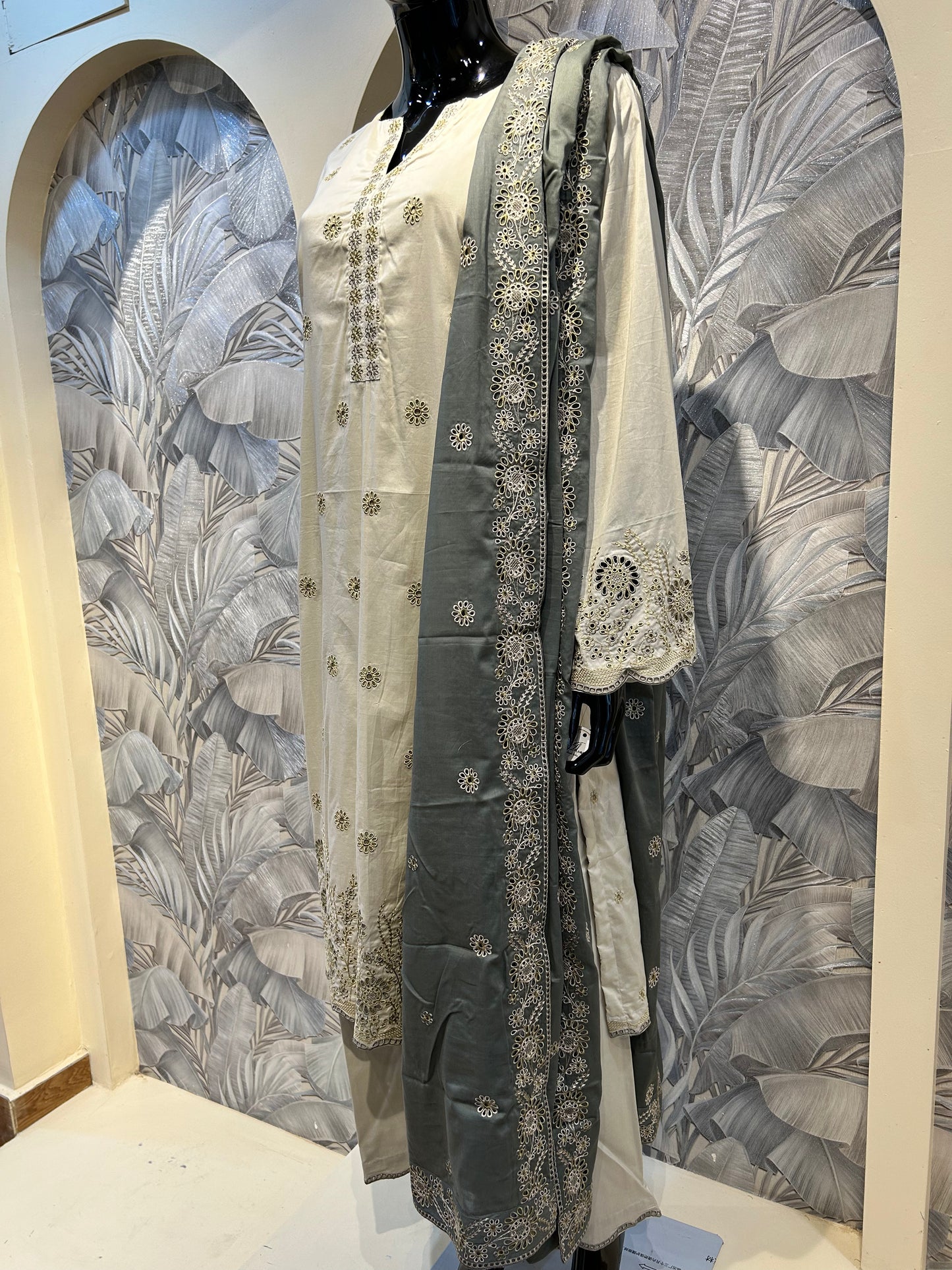 White Coffee Cotton Cutwork Embroidered Suit with Dupatta