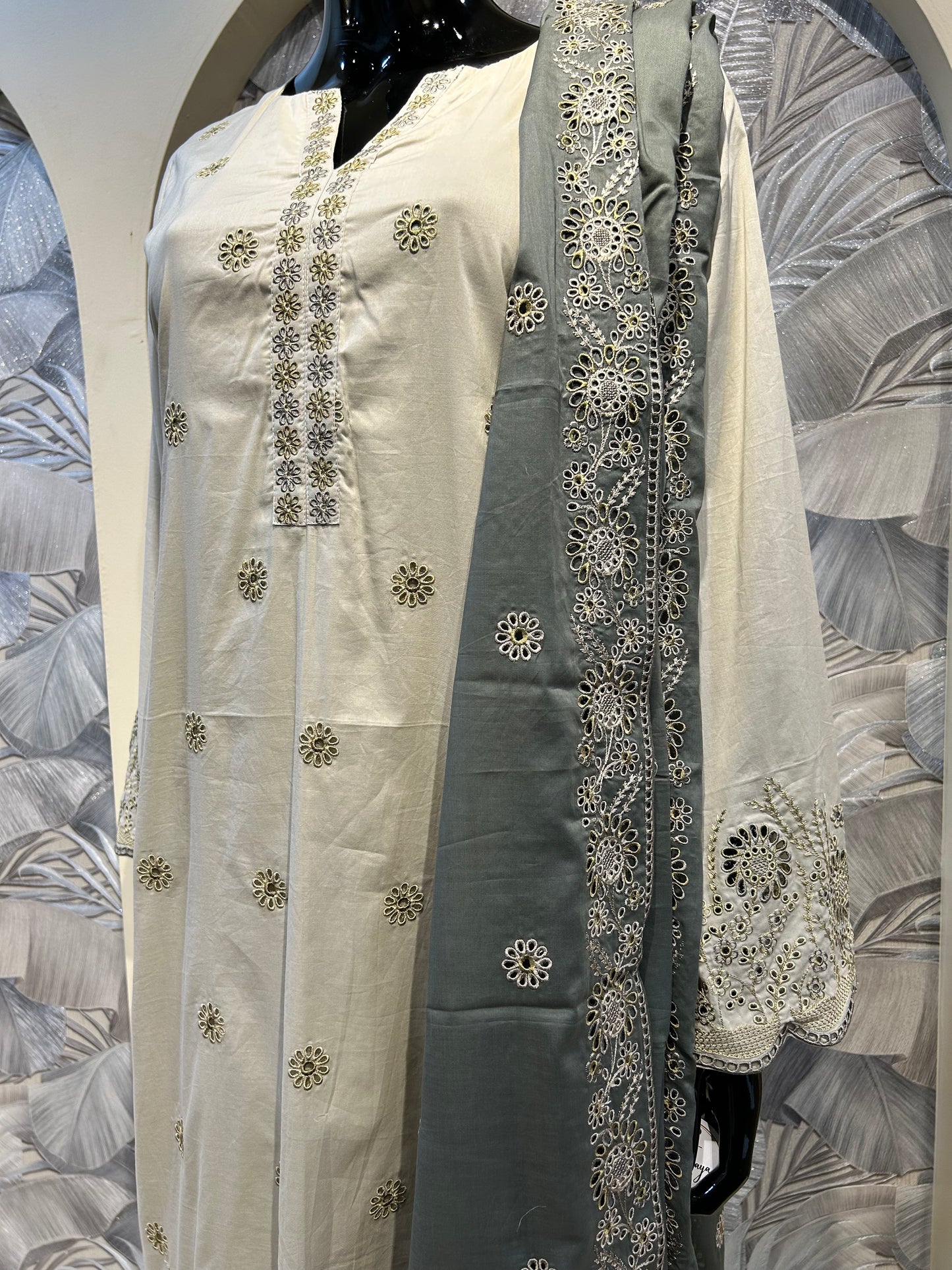 White Coffee Cotton Cutwork Embroidered Suit with Dupatta