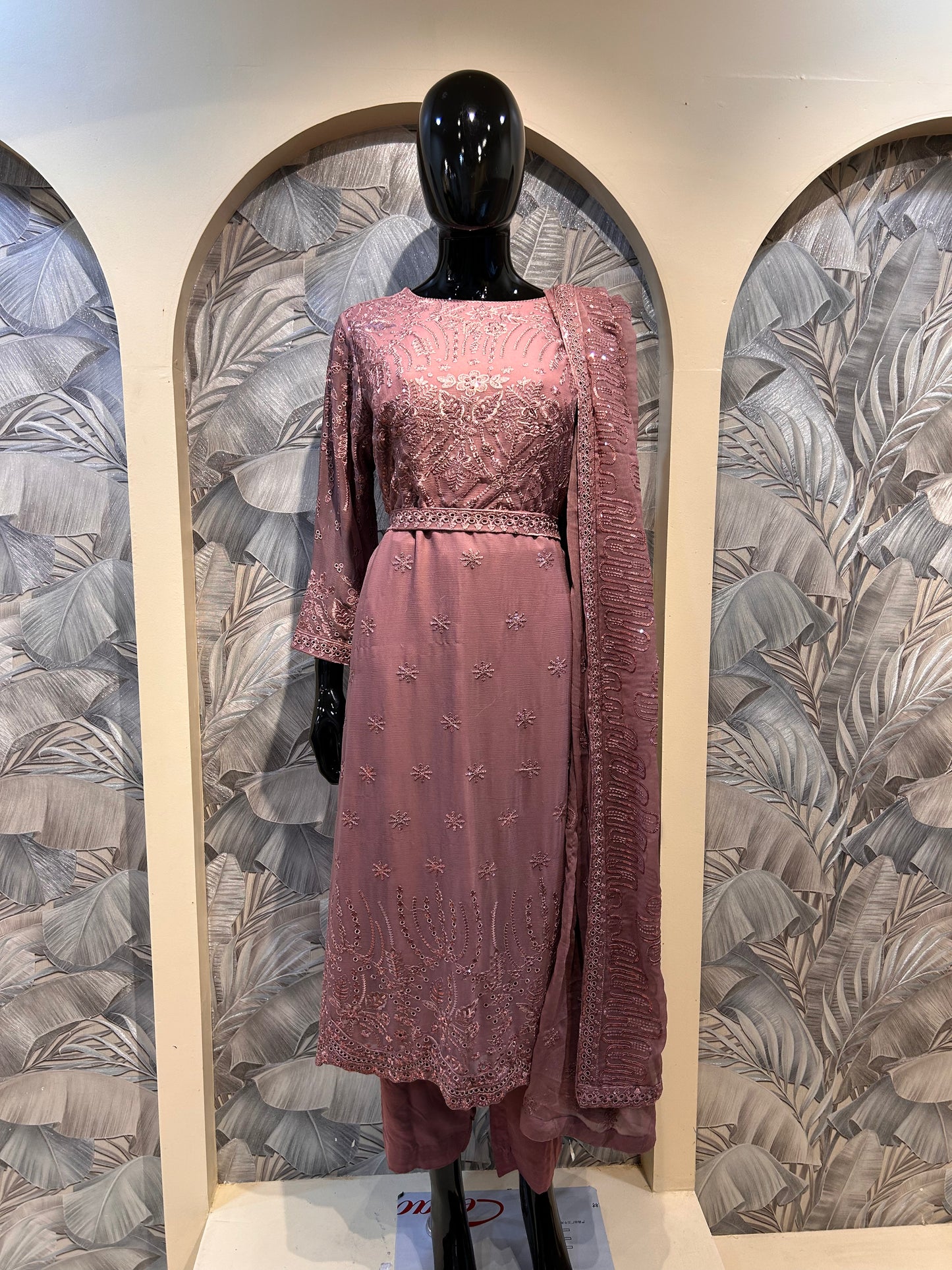Deep Taupe Chiffon Embroidered Suit with Dupatta