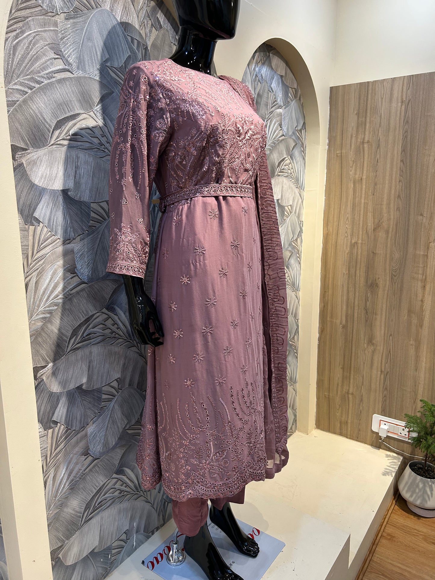 Deep Taupe Chiffon Embroidered Suit with Dupatta