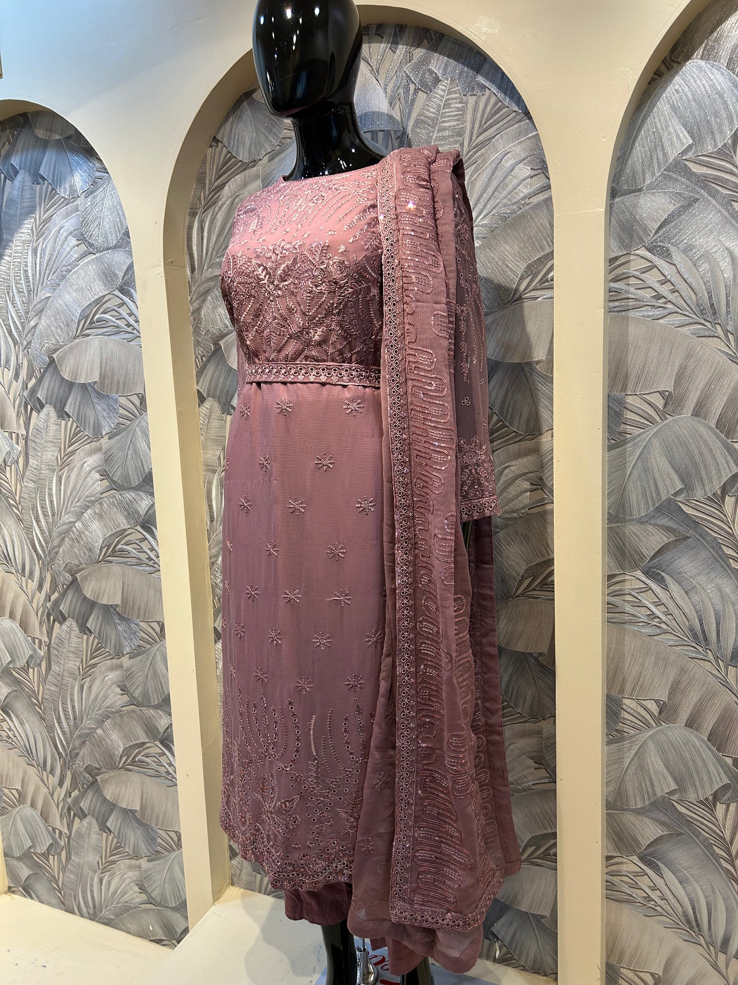 Deep Taupe Chiffon Embroidered Suit with Dupatta