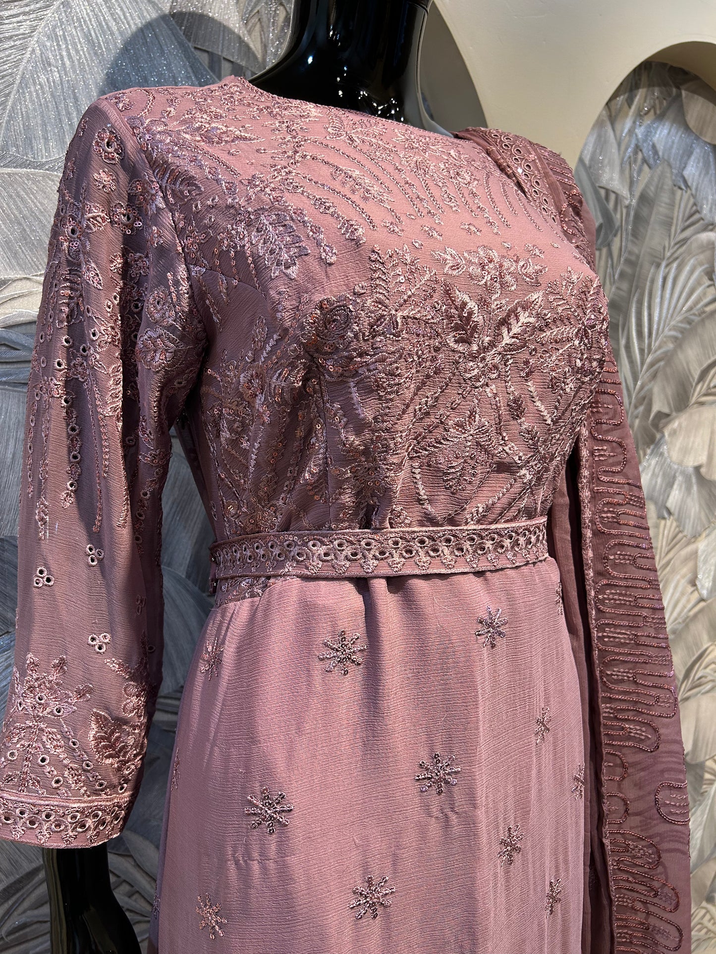 Deep taupe chiffon suit with tonal embroidery, sequin detailing, waist belt, and matching embroidered dupatta