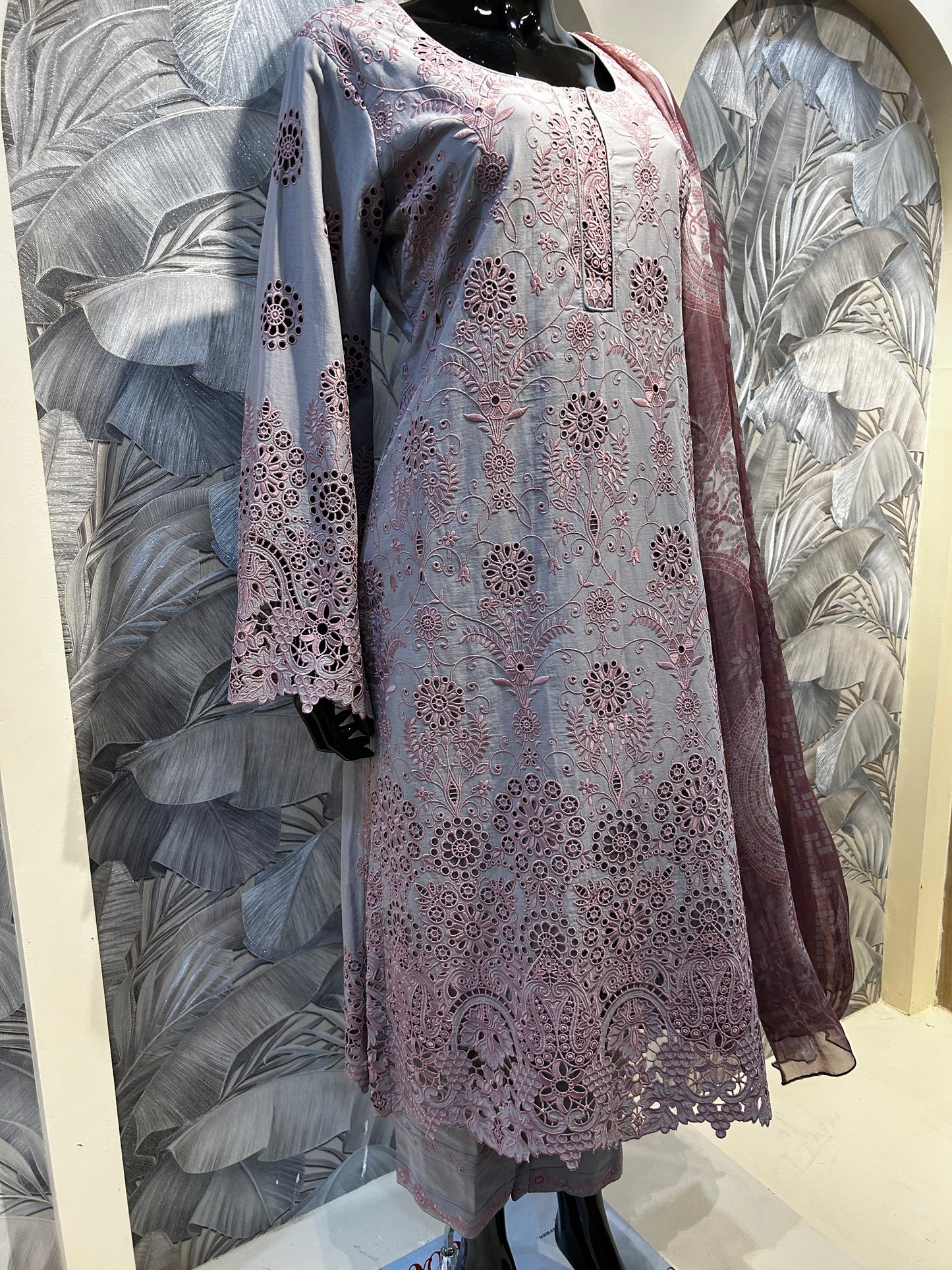 Tuscany Cotton Suit with Parrot Pink Embroidery and Dupatta