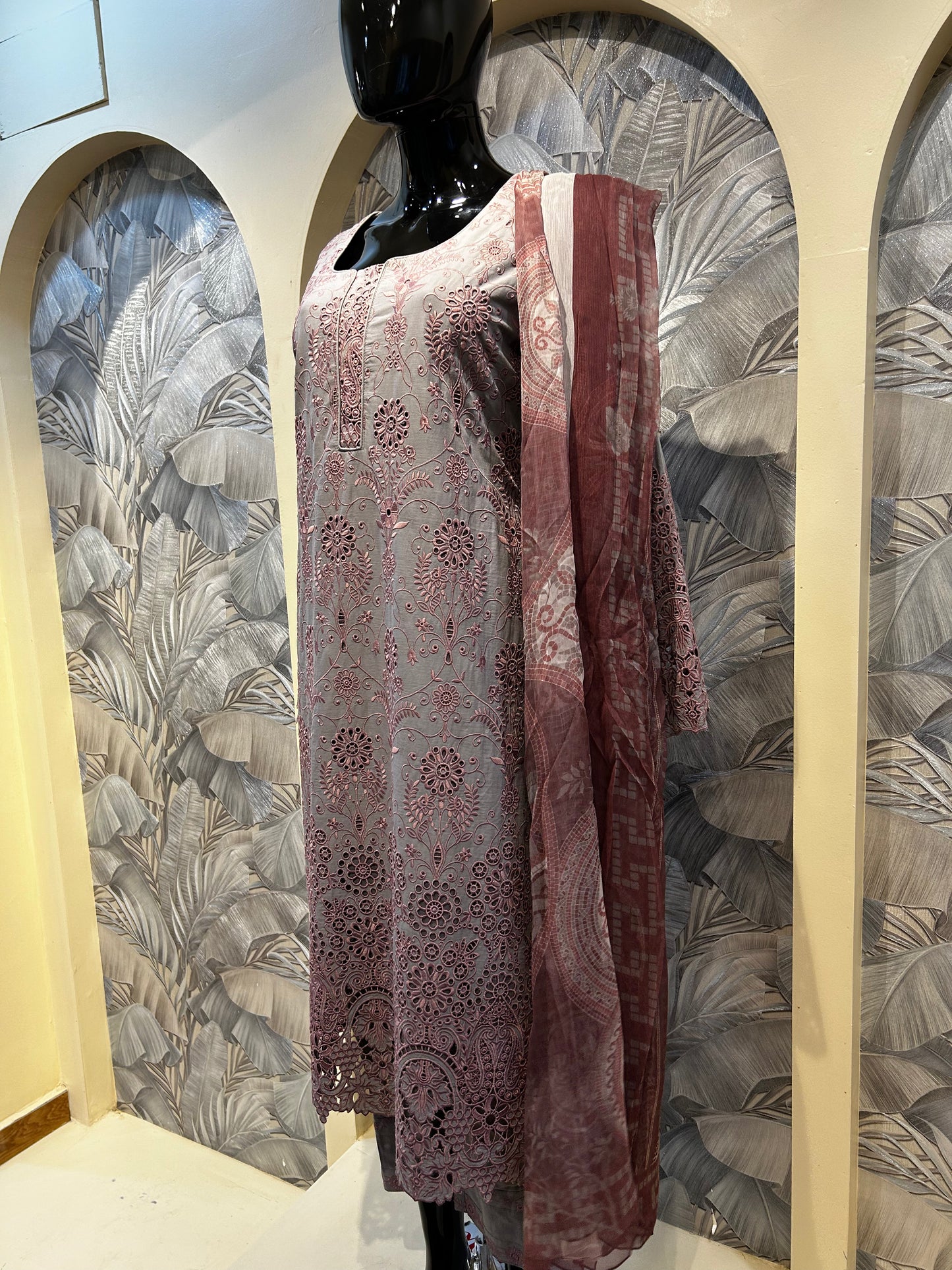Tuscany Cotton Suit with Parrot Pink Embroidery and Dupatta