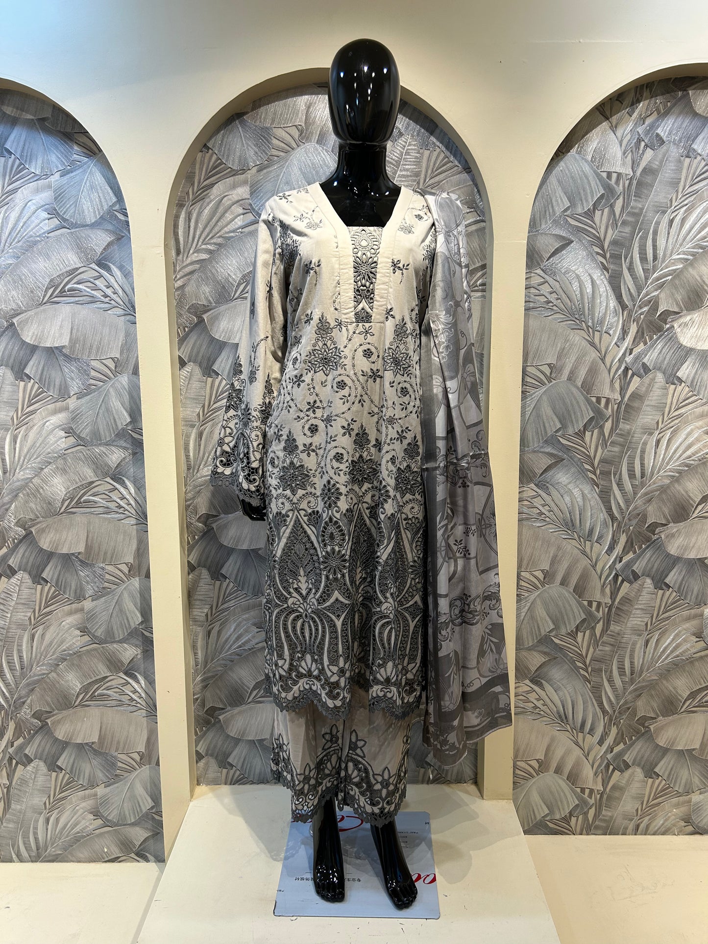 Pastel Gray Cotton Suit with Black Embroidery and Dupatta