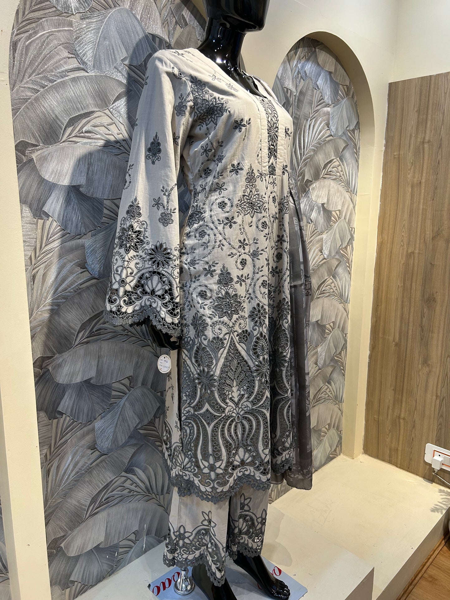 Pastel Gray Cotton Suit with Black Embroidery and Dupatta
