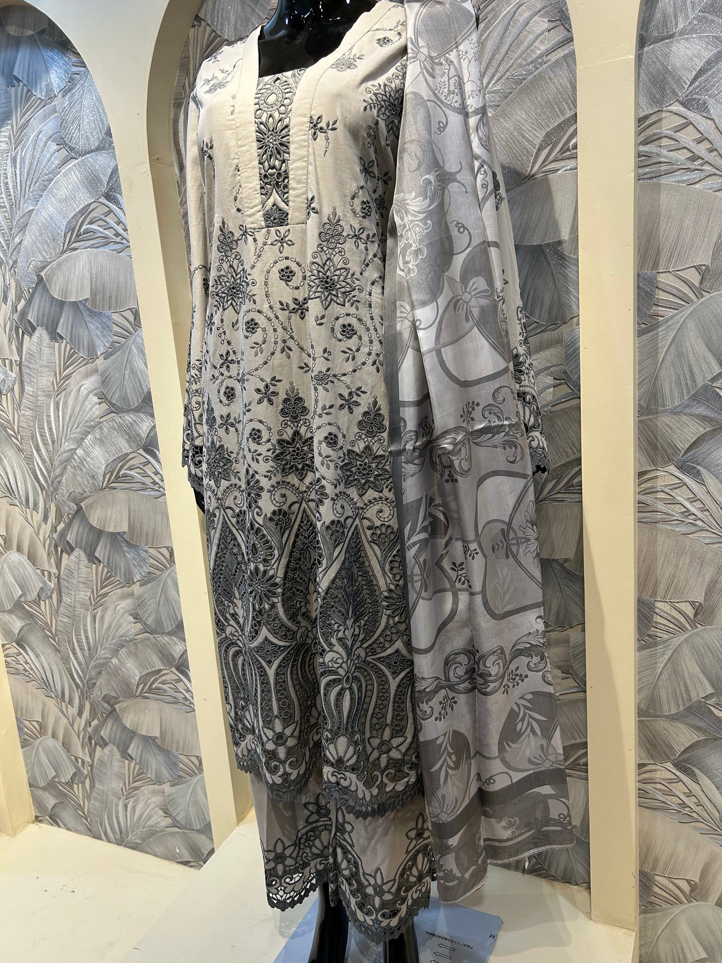 Pastel Gray Cotton Suit with Black Embroidery and Dupatta