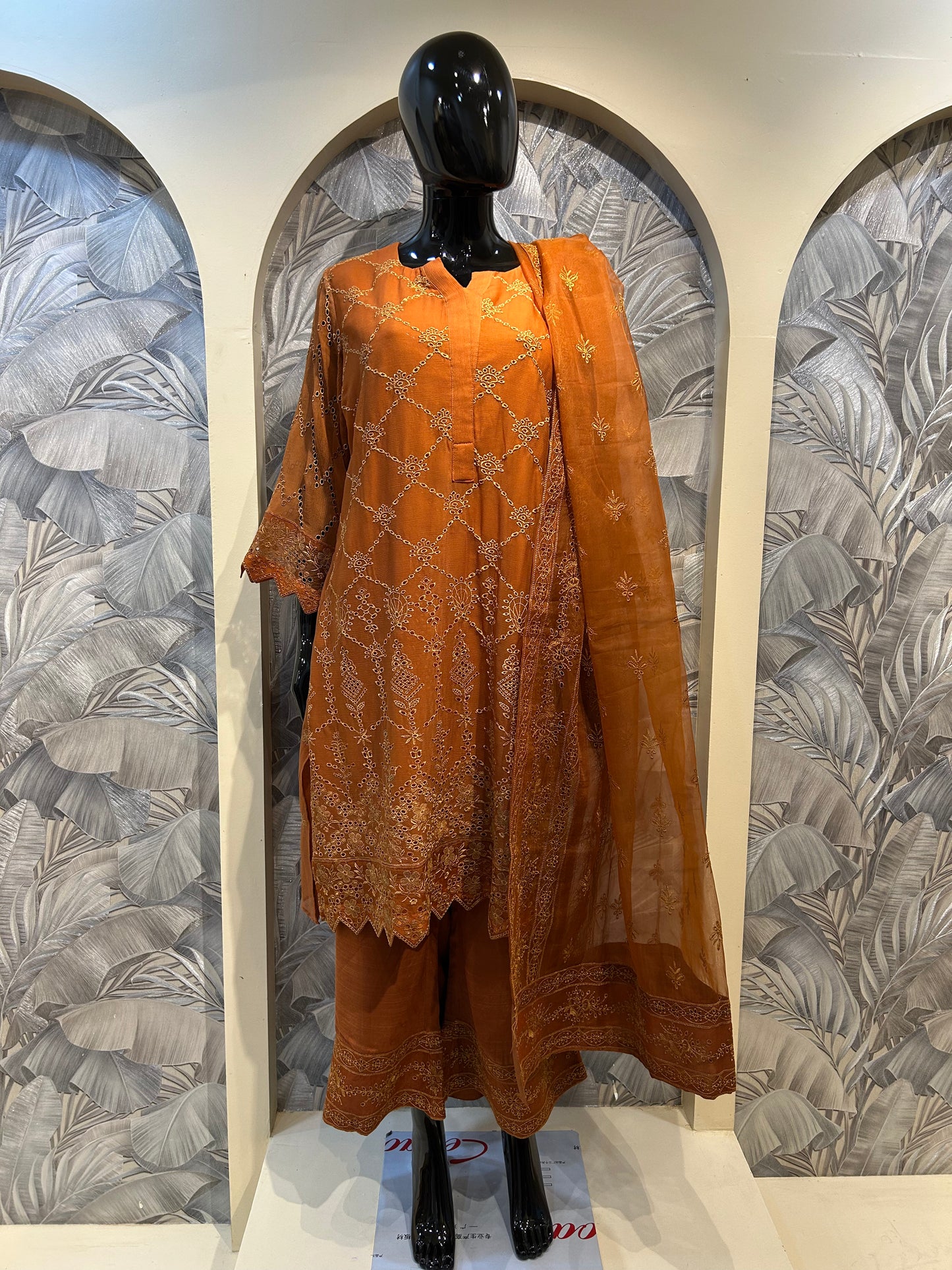 Saddle Brown Chiffon Suit with Embroidery and Dupatta