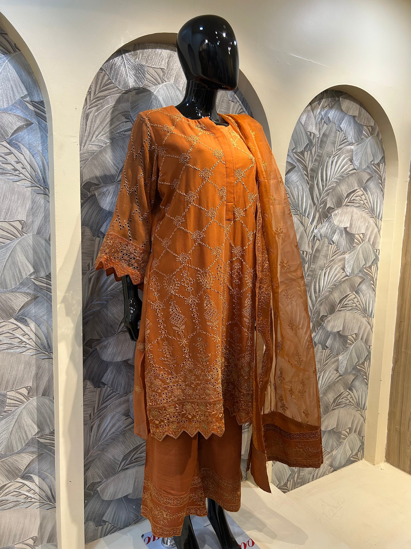 Saddle Brown Chiffon Suit with Embroidery and Dupatta