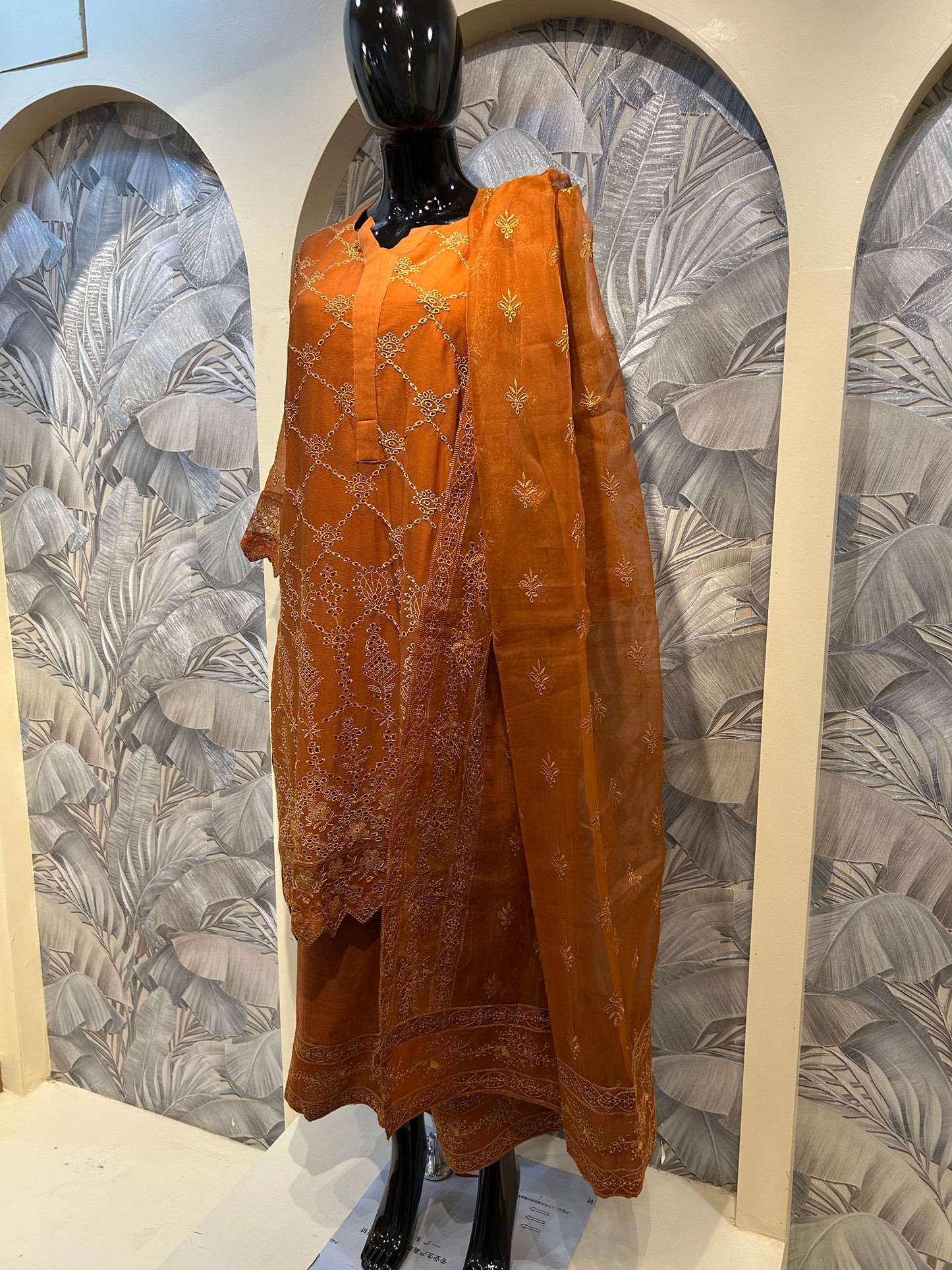 Saddle Brown Chiffon Suit with Embroidery and Dupatta