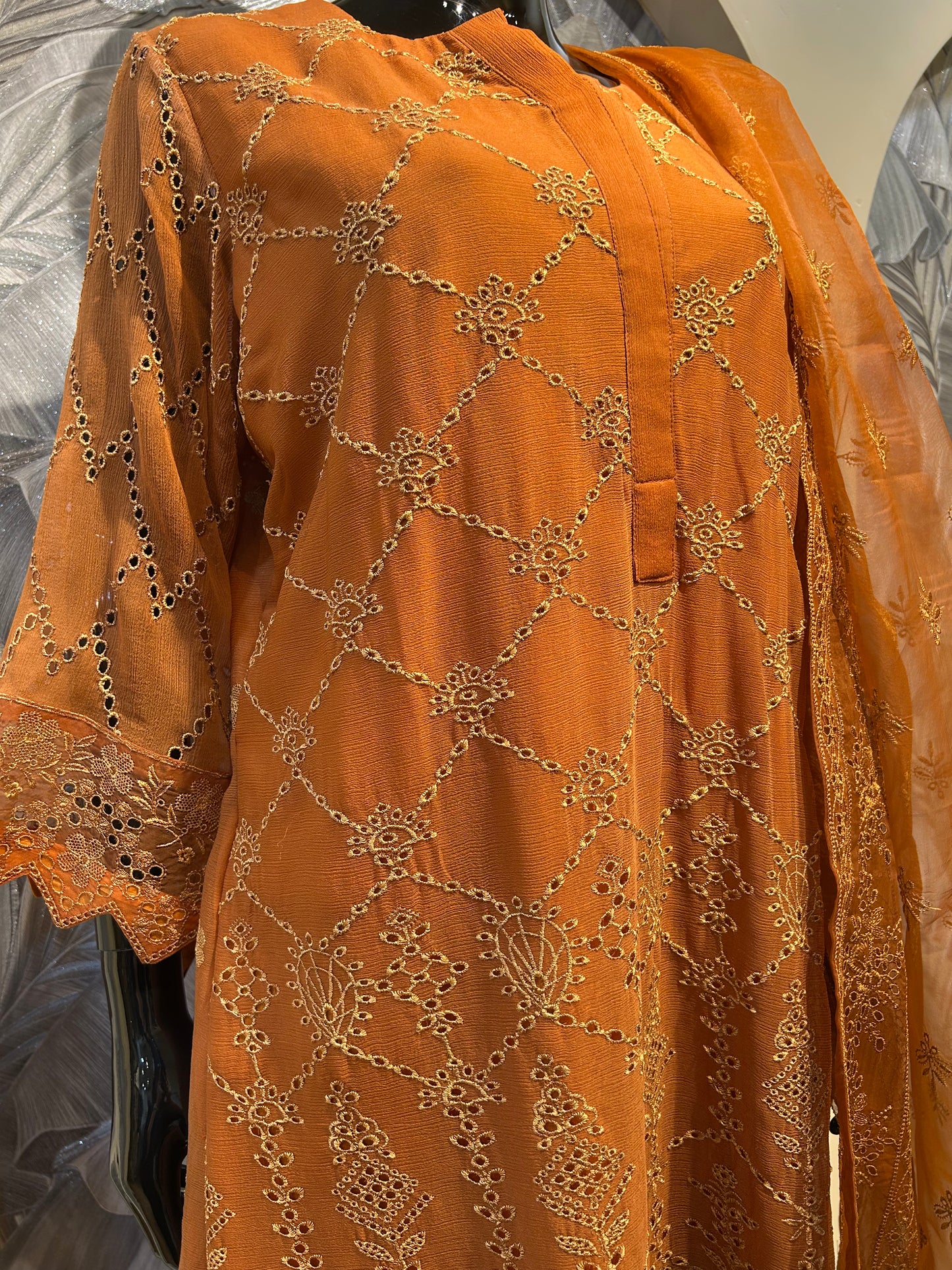 Saddle Brown Chiffon Suit with Embroidery and Dupatta