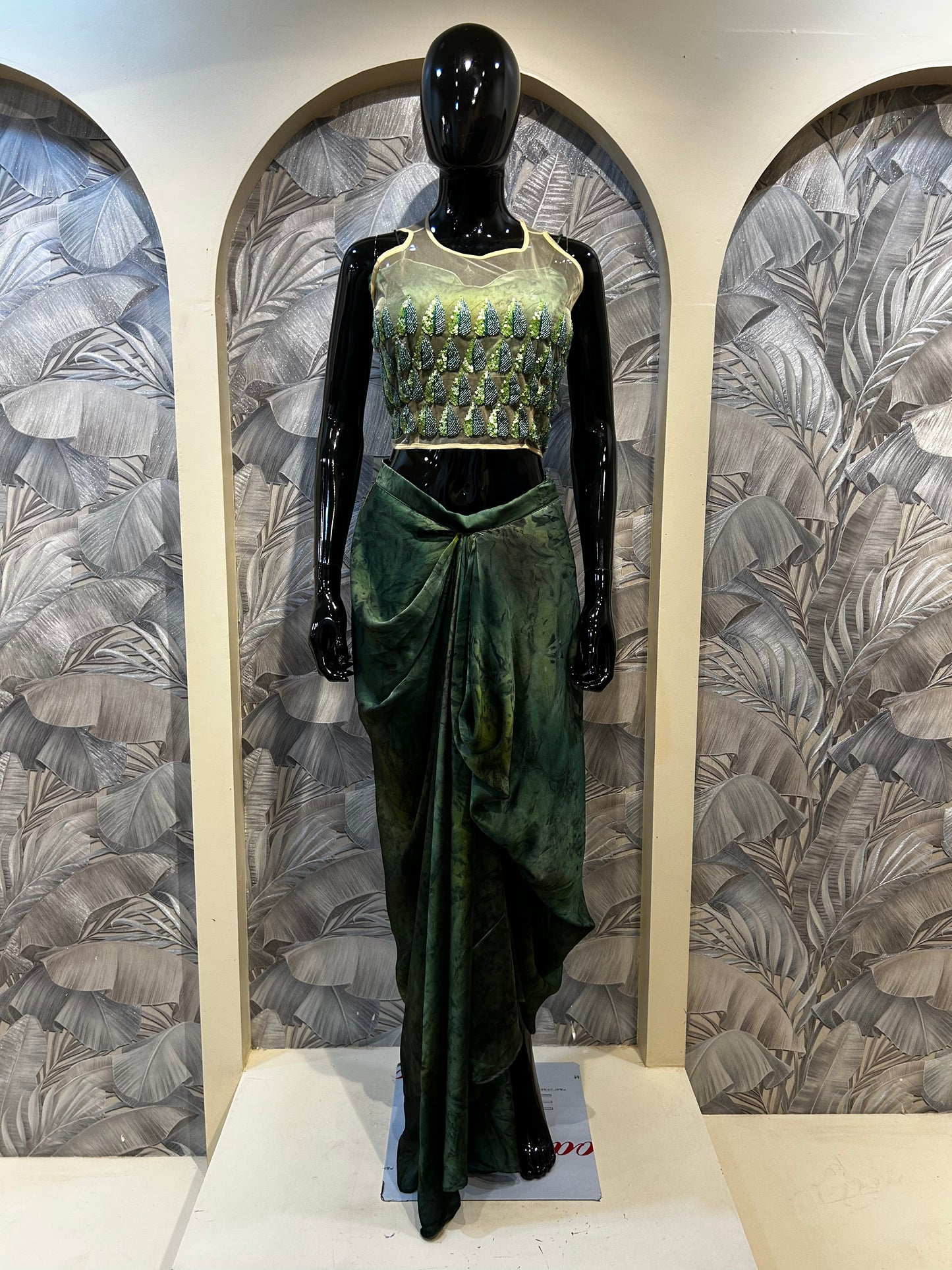 Green Silk and Net Drape Set with Embellished Blouse