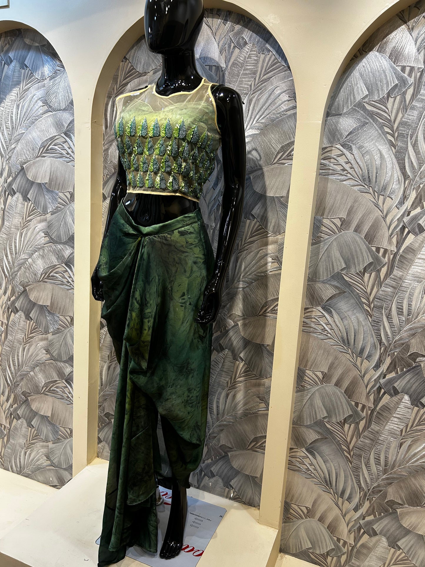 Green Silk and Net Drape Set with Embellished Blouse