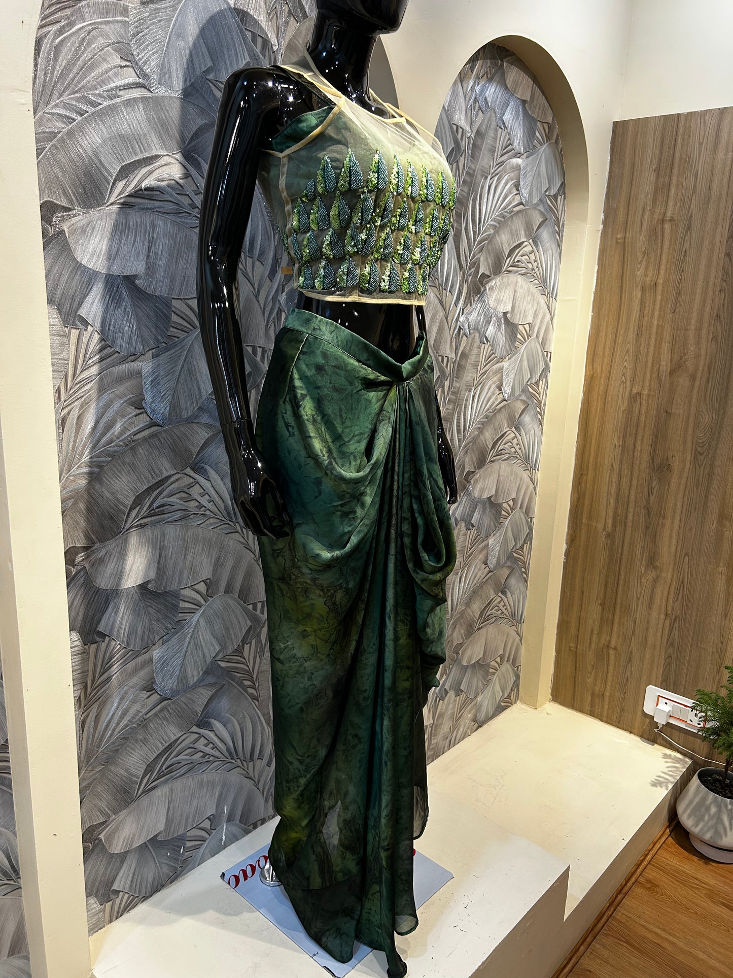 Green Silk and Net Drape Set with Embellished Blouse