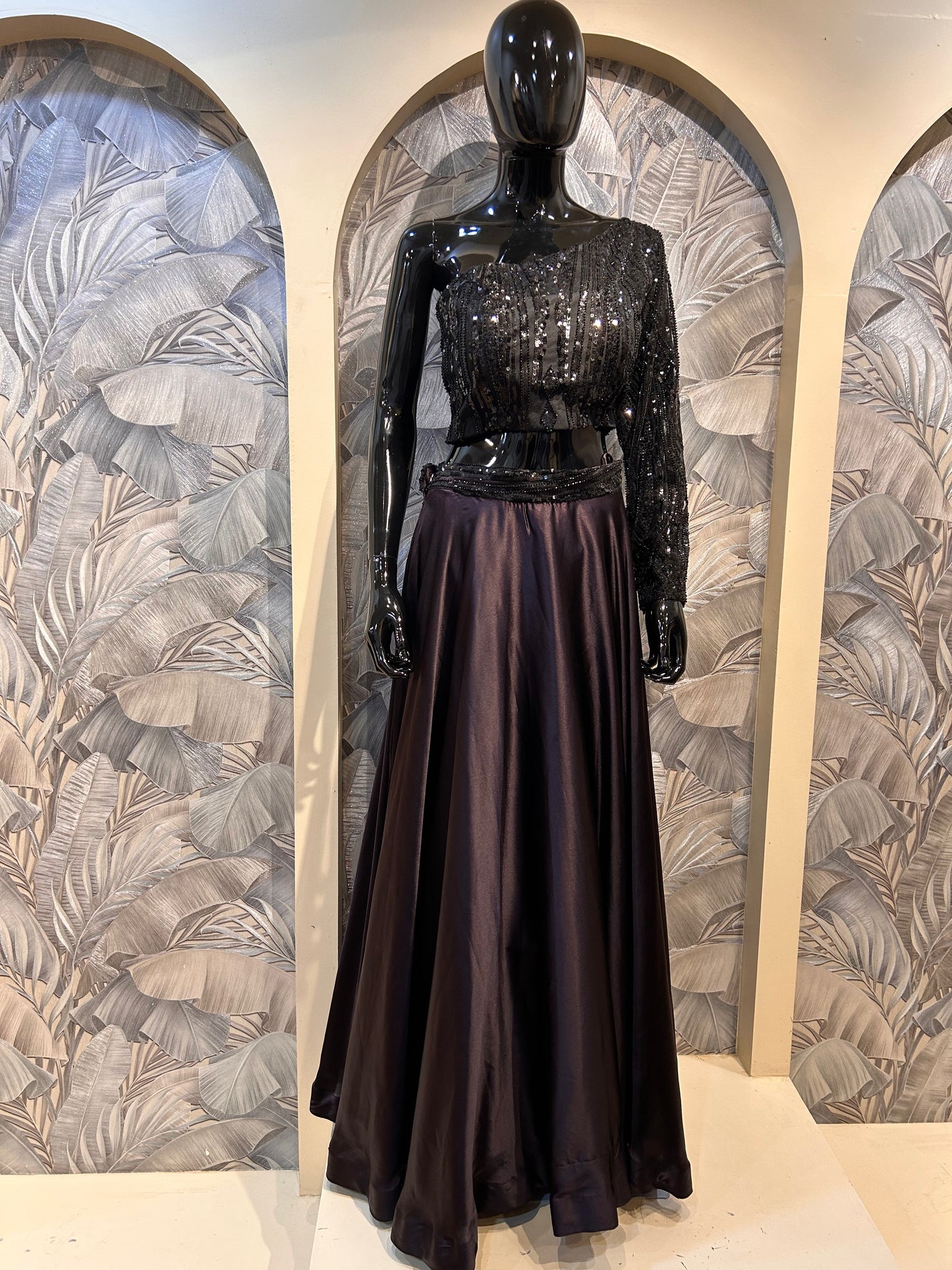 Black One-Shoulder Sequin Top with Old Lavender Silk Skirt