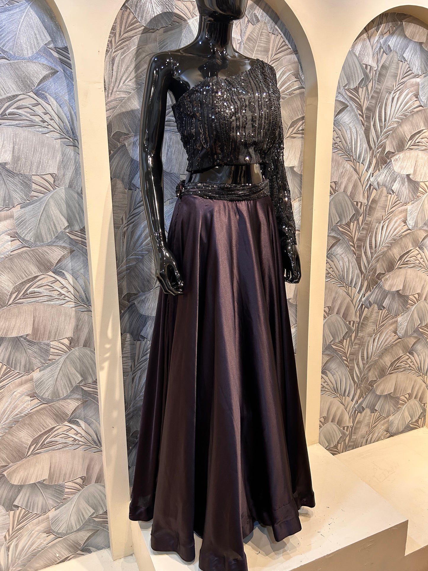 Black One-Shoulder Sequin Top with Old Lavender Silk Skirt