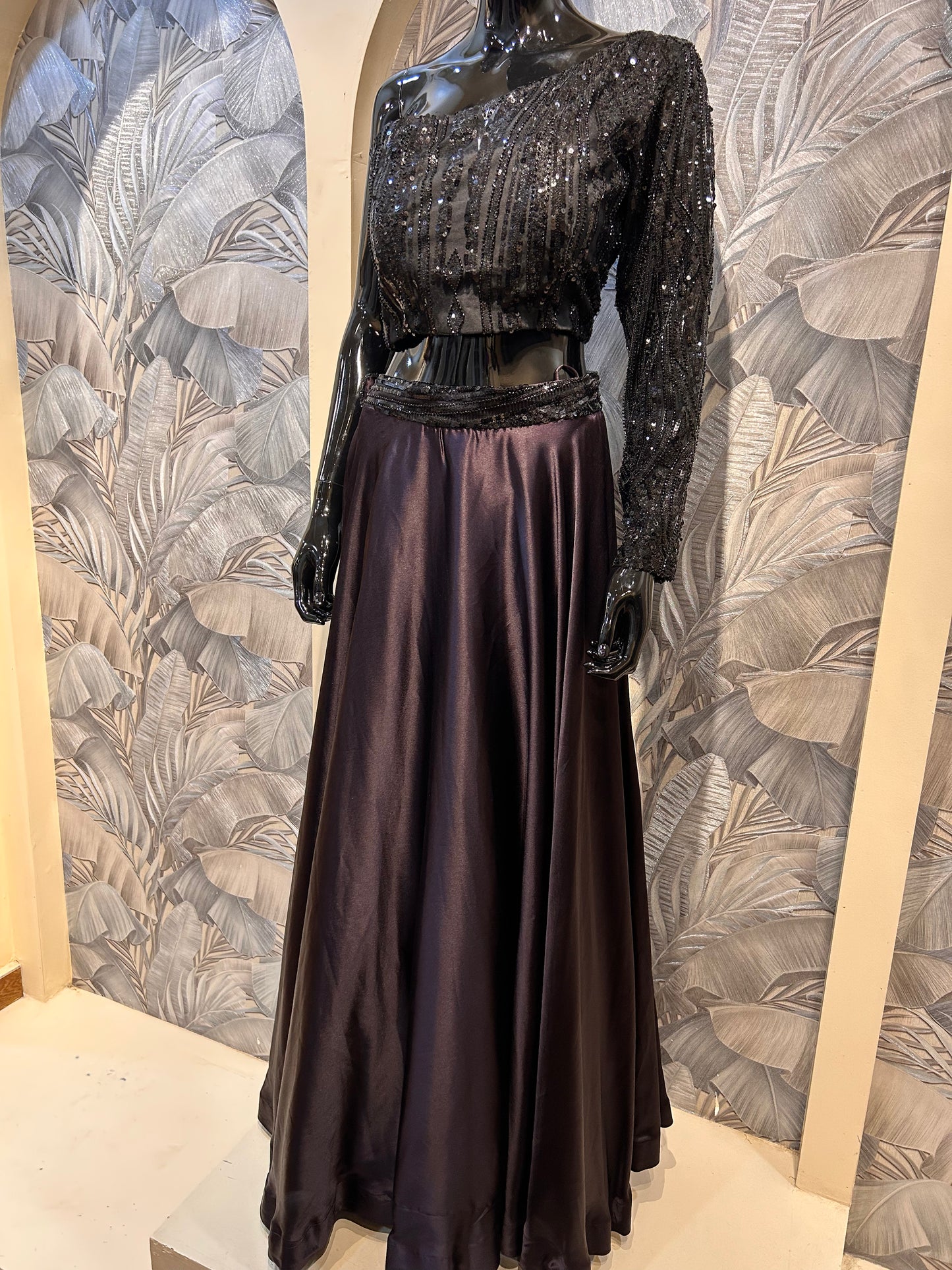 Black One-Shoulder Sequin Top with Old Lavender Silk Skirt