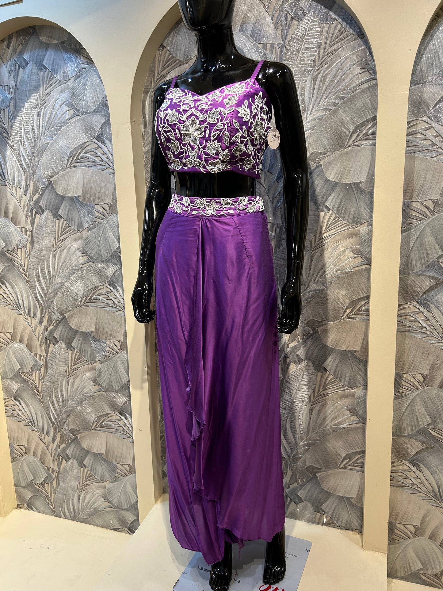 Purpureus Silk Embellished Crop Top and Draped Skirt Set