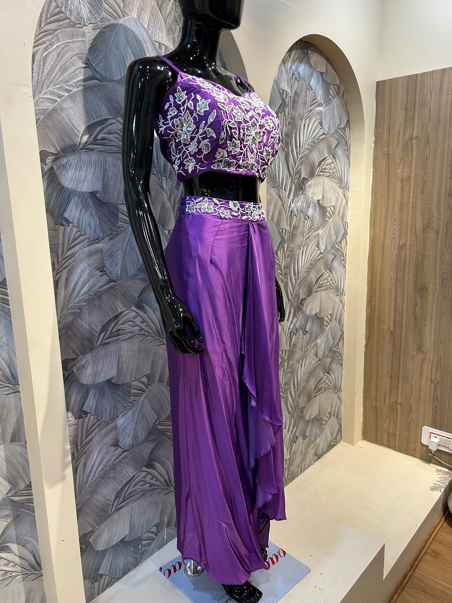 Purpureus Silk Embellished Crop Top and Draped Skirt Set