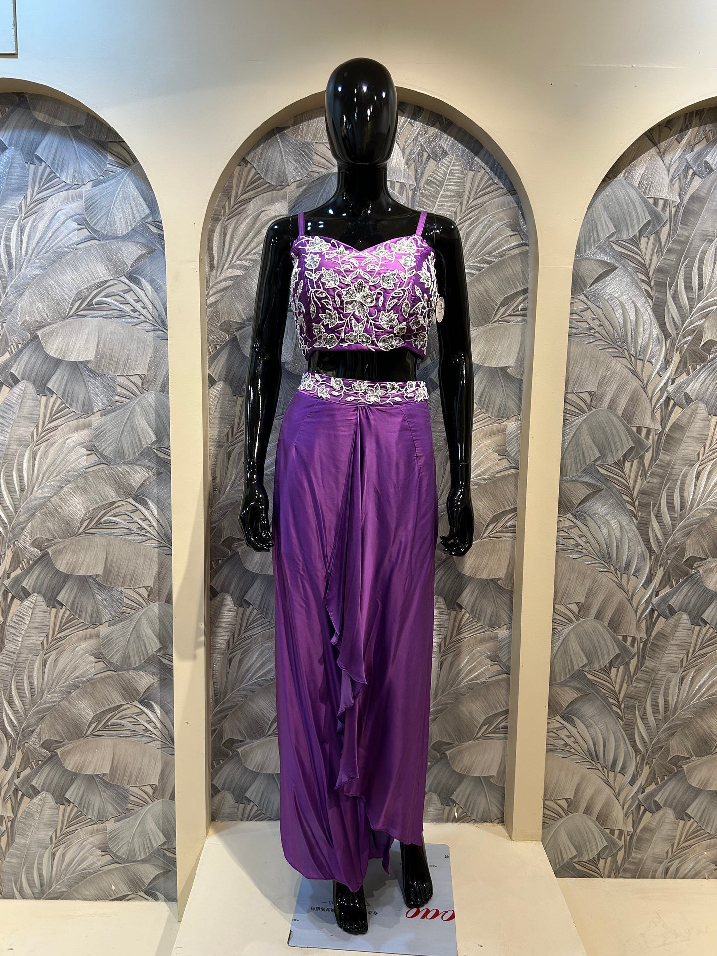 Purpureus Silk Embellished Crop Top and Draped Skirt Set